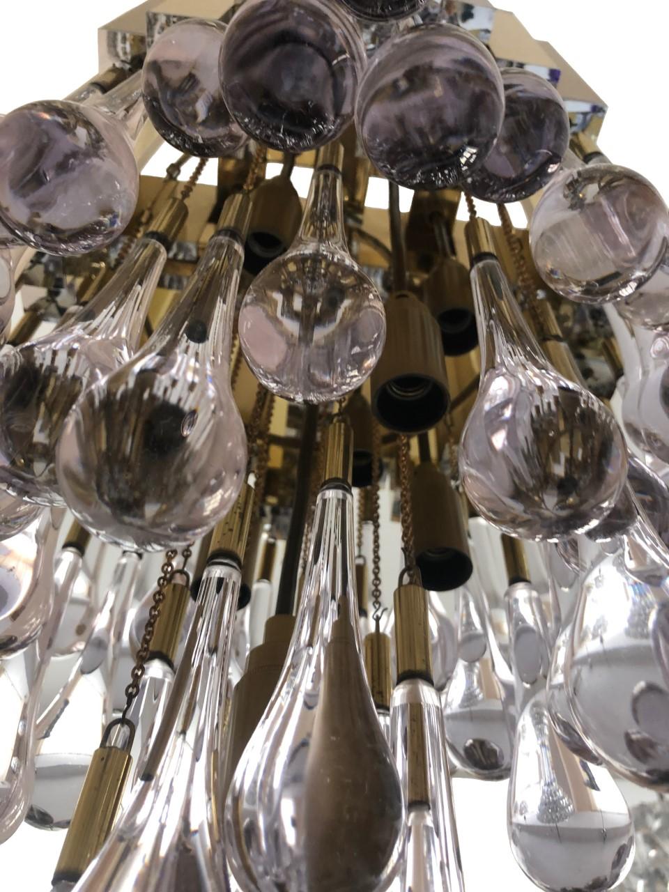 Teardrop glass Brass Long Chandelier by BD Lumica, Barcelona, 1970s For Sale 3