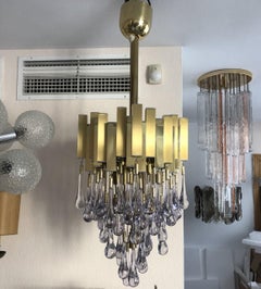 Teardrop glass Brass Long Chandelier by BD Lumica, Barcelona, 1970s