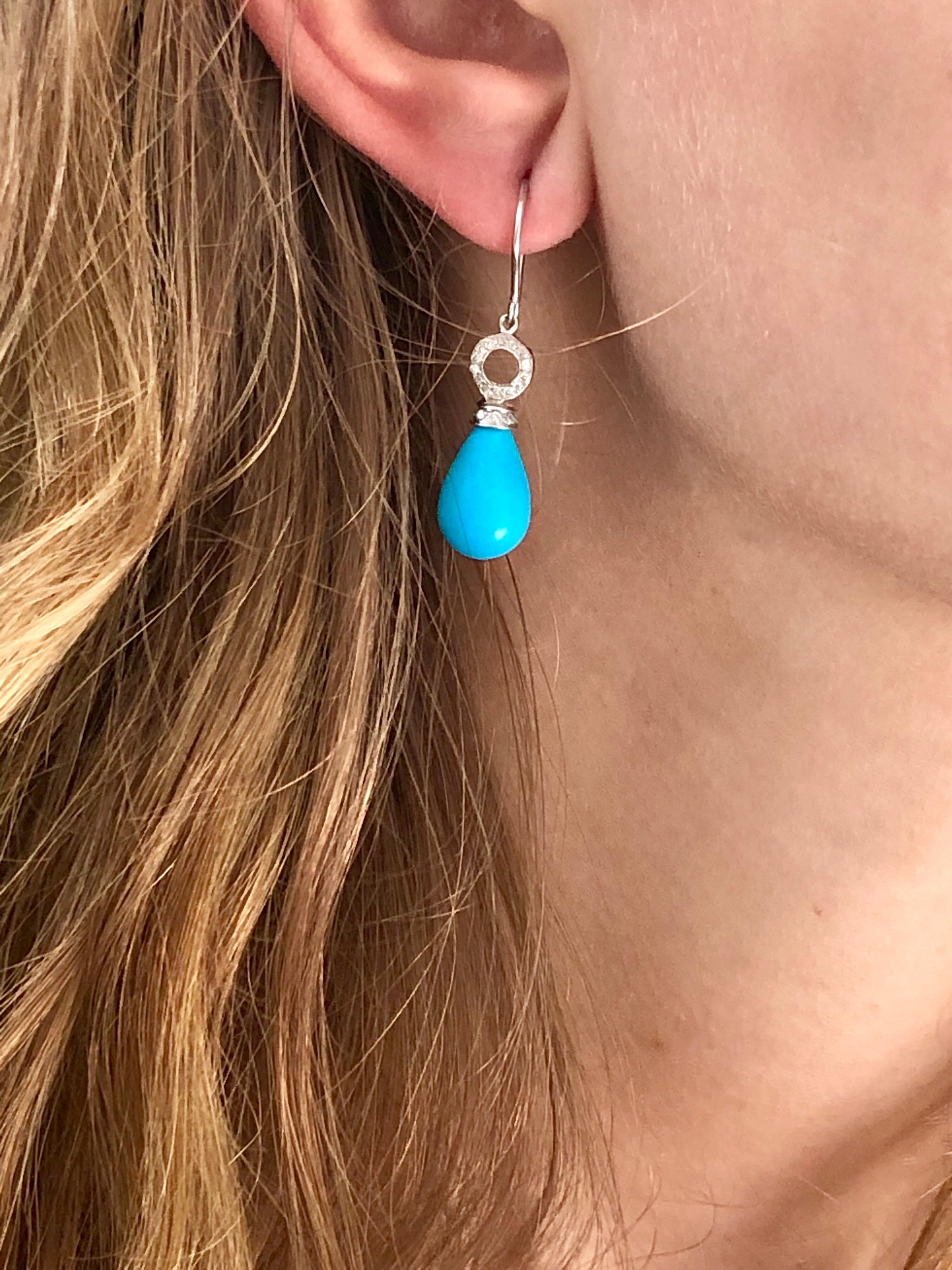 Contemporary Teardrop Turquoise and Diamond Gold Hoop Drop Earrings