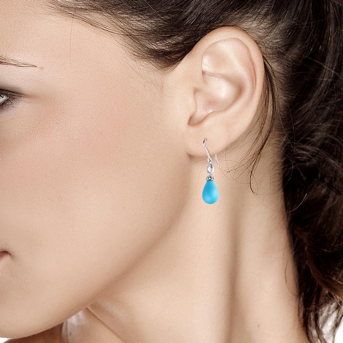 Women's Teardrop Turquoise and Diamond Gold Hoop Drop Earrings