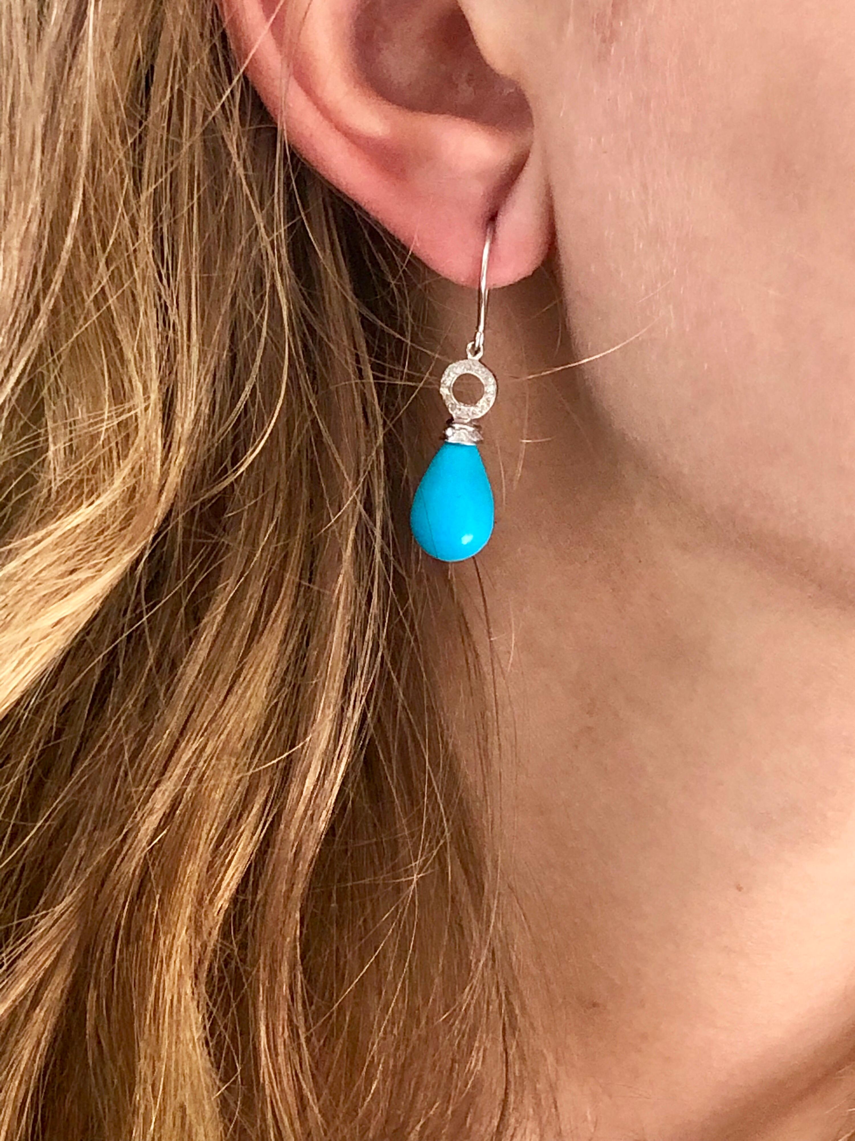 Teardrop Turquoise and Diamond Gold Hoop Drop Earrings In New Condition In New York, NY