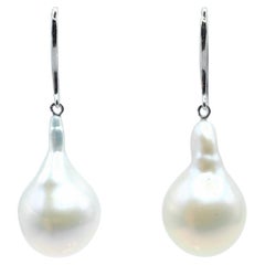Teardrop White Baroque Pearl Drop Earrings With 18K White Gold French Hooks
