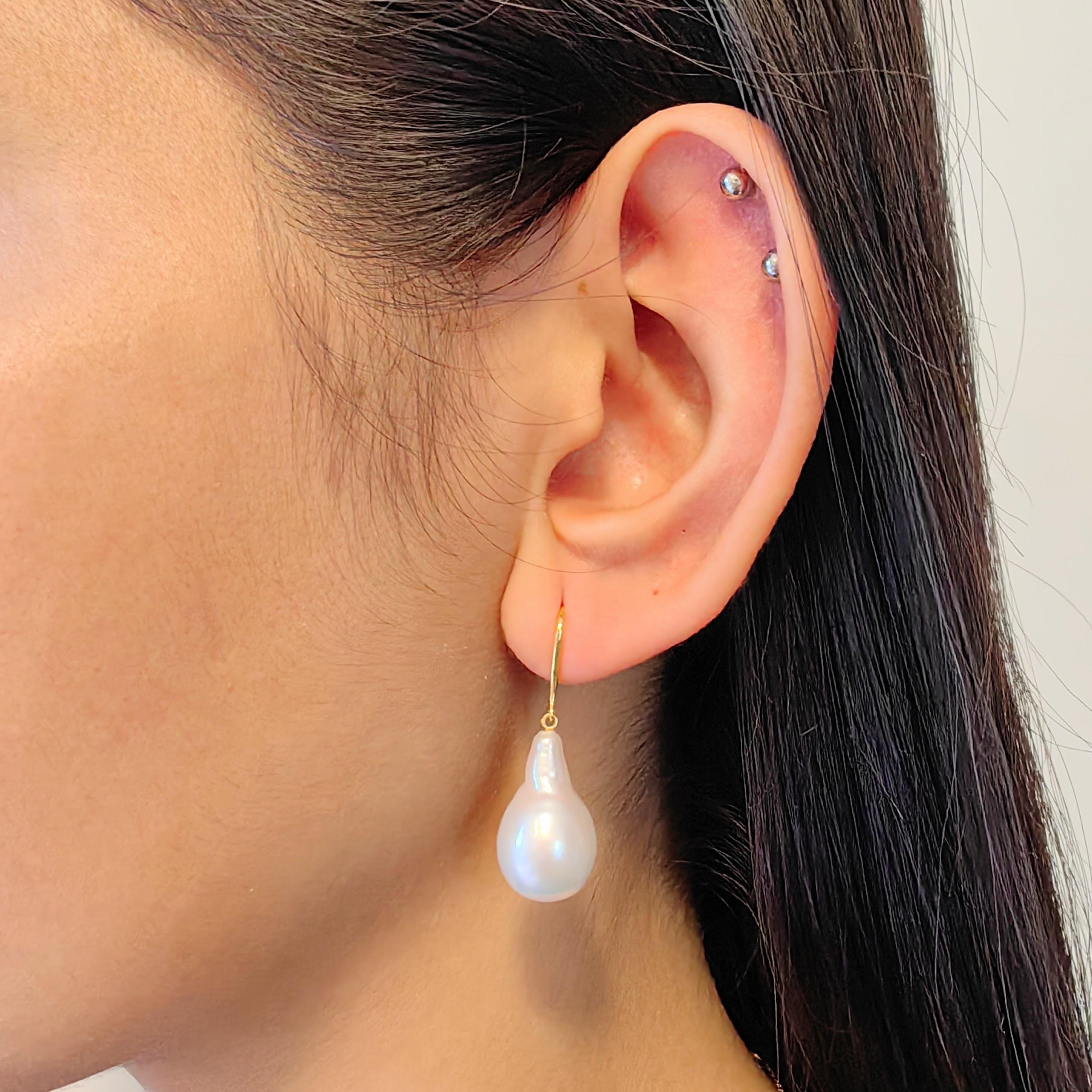 Teardrop White Baroque Pearl Drop Earrings With 18K Yellow Gold French Hooks For Sale 4