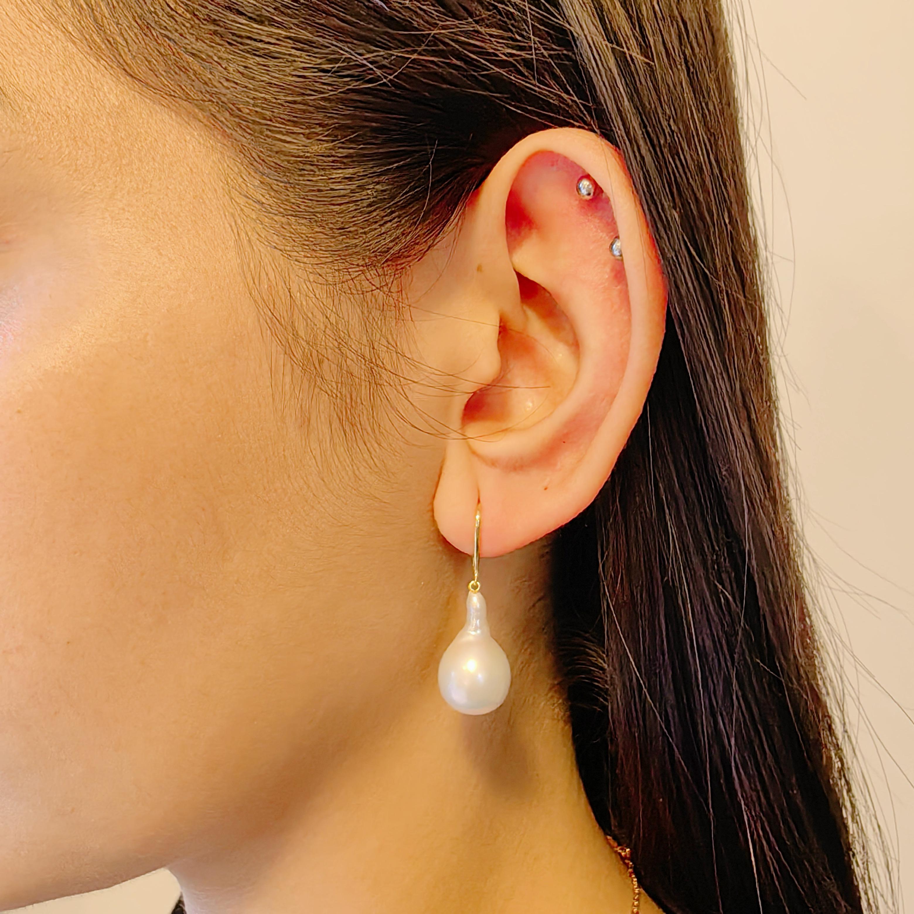 Teardrop White Baroque Pearl Drop Earrings With 18K Yellow Gold French Hooks For Sale 5