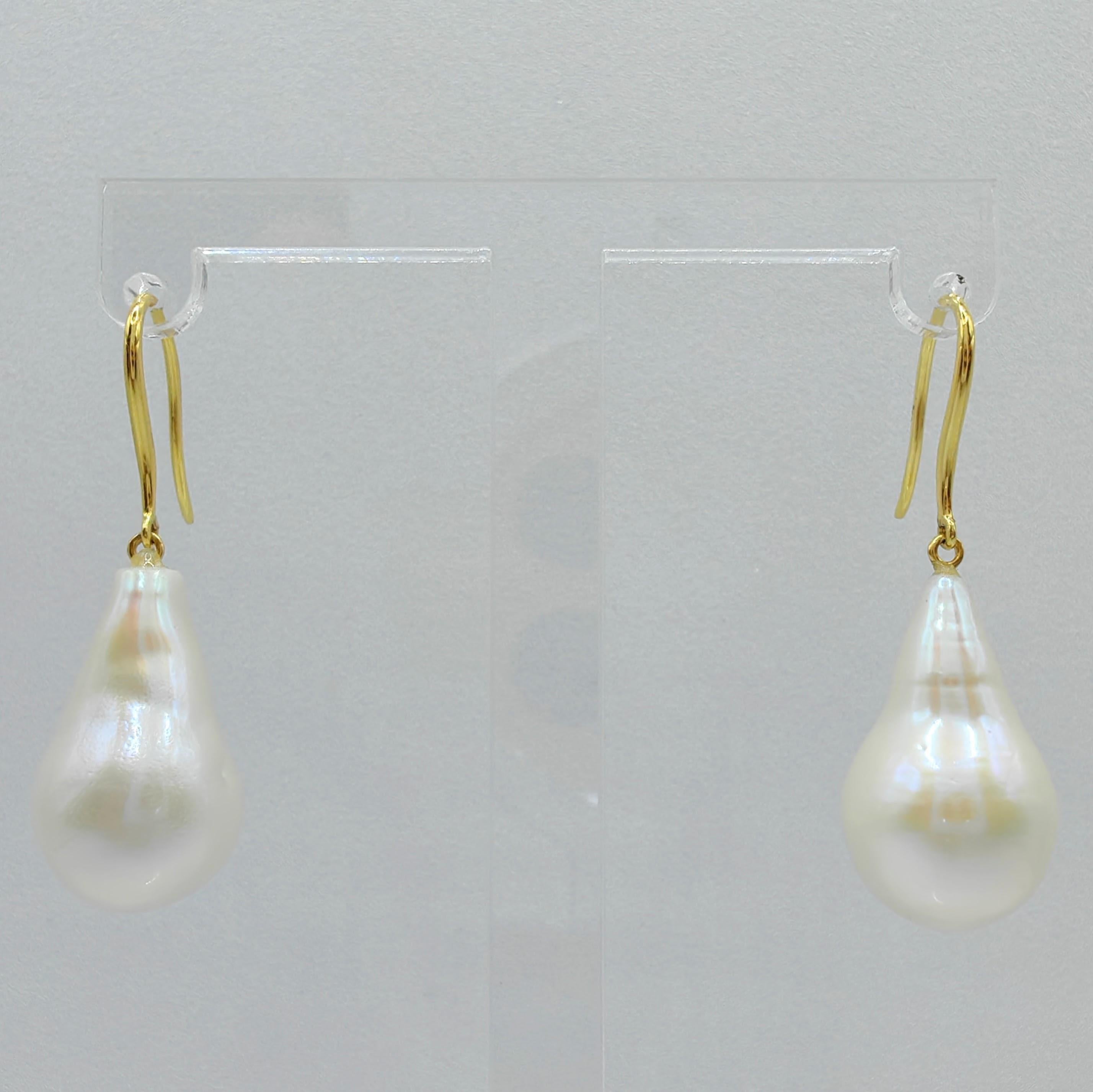 Teardrop White Baroque Pearl Drop Earrings With 18K Yellow Gold French ...