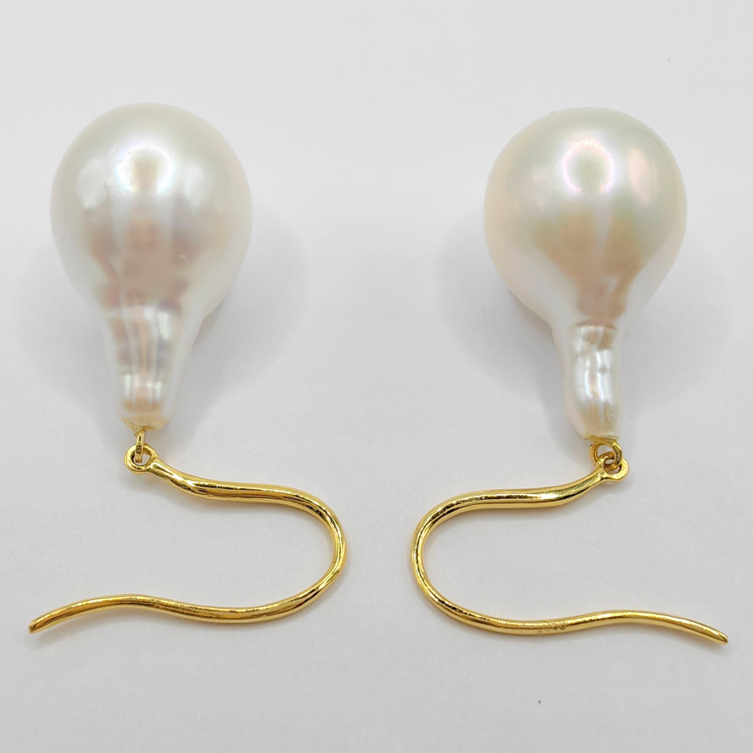Teardrop White Baroque Pearl Drop Earrings With 18K Yellow Gold French Hooks For Sale 1