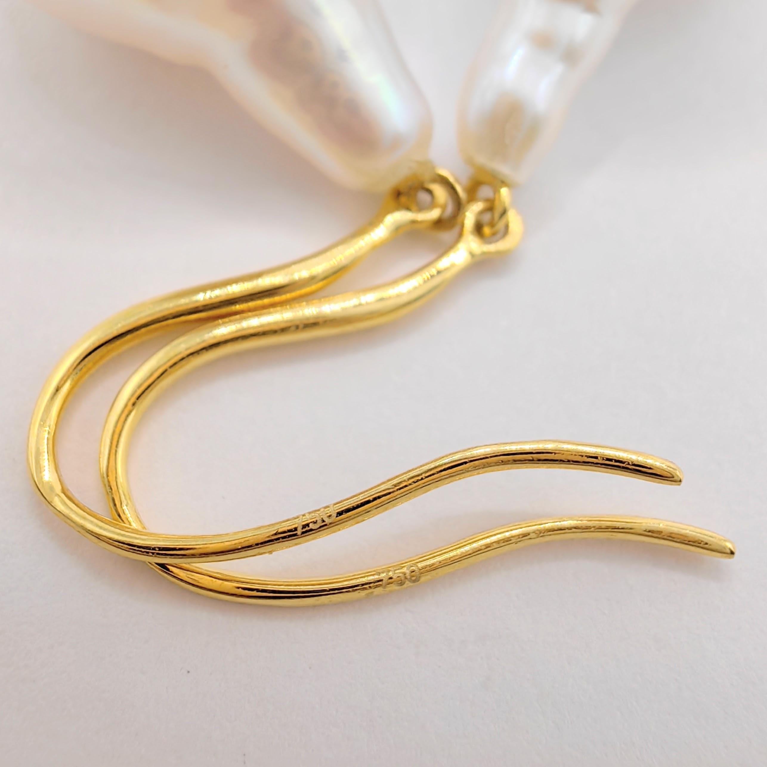 Teardrop White Baroque Pearl Drop Earrings With 18K Yellow Gold French Hooks For Sale 2