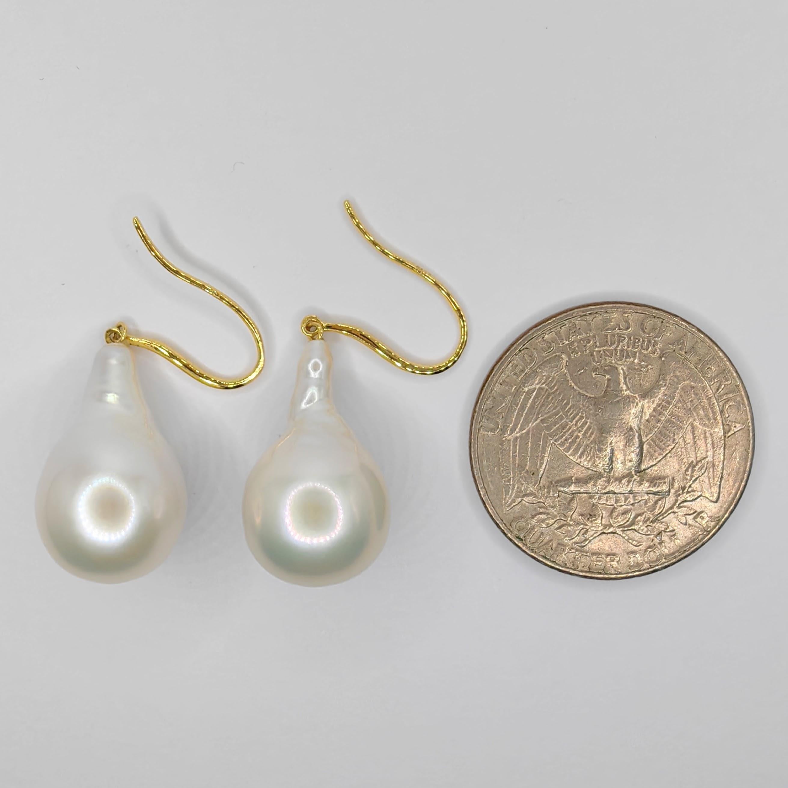 Teardrop White Baroque Pearl Drop Earrings With 18K Yellow Gold French Hooks For Sale 3