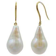 Teardrop White Baroque Pearl Drop Earrings With 18K Yellow Gold French Hooks