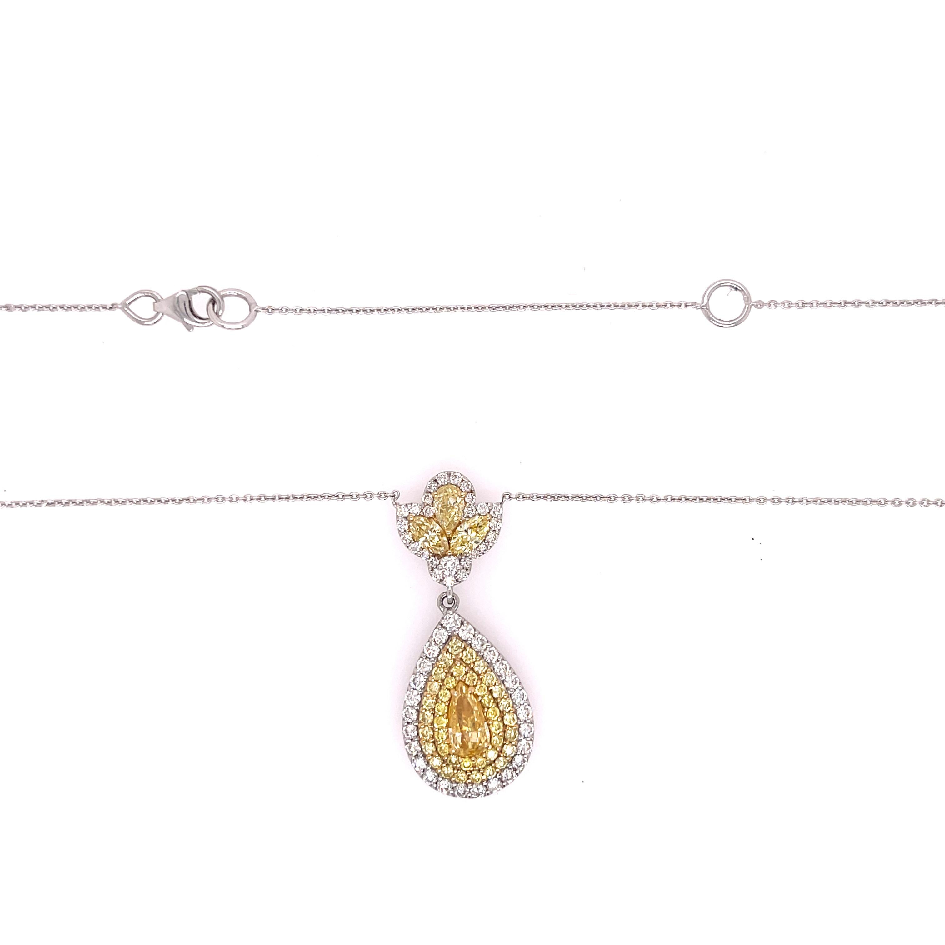 Modern Teardrop Yellow and White 2ctw Diamond Pendant Necklace For Sale