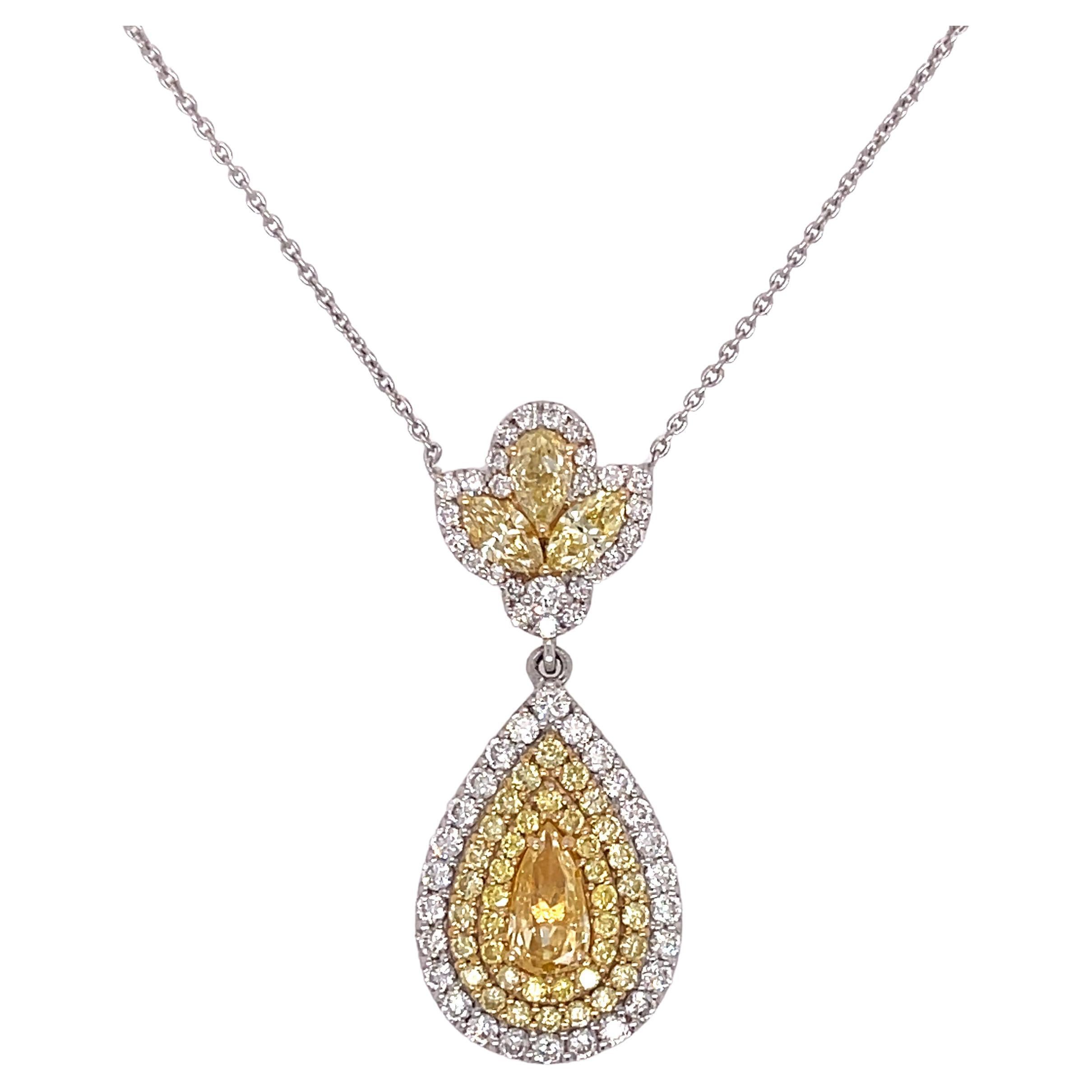 Teardrop Yellow and White 2ctw Diamond Pendant Necklace For Sale