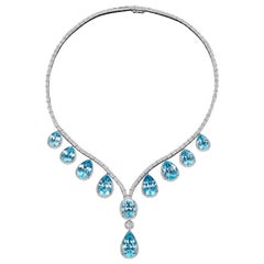 JAG New York Pear Shaped Blue Topaz with Diamonds in Platinum Necklace