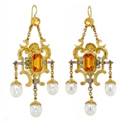 Gelber Saphir, Diamant, Perle, 18k Gold Antiker Stil Kronleuchter-Ohrringe