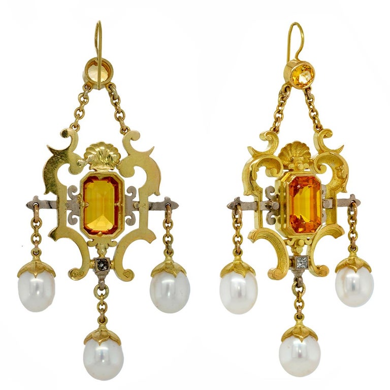 Victorian Yellow Sapphire, Diamond, Pearl, 18k Gold Antique Style Chandelier Earrings For Sale
