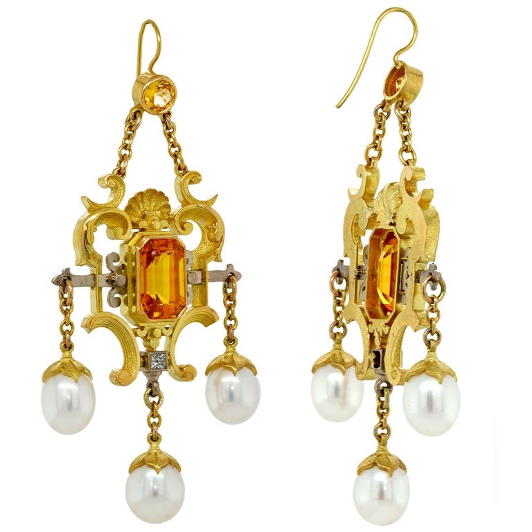 Emerald Cut Yellow Sapphire, Diamond, Pearl, 18k Gold Antique Style Chandelier Earrings For Sale