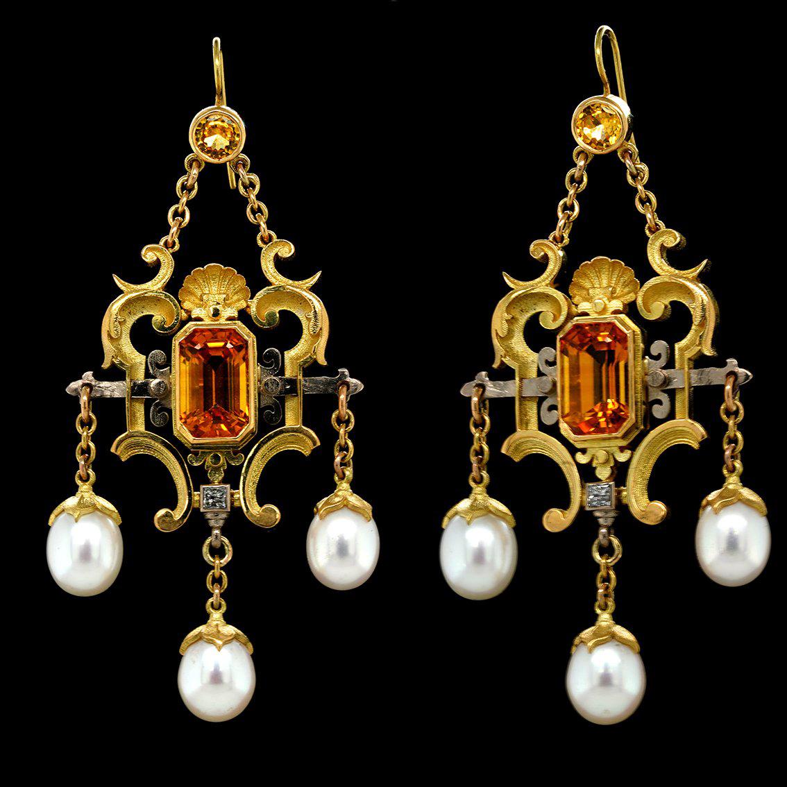 Yellow Sapphire, Diamond, Pearl, 18k Gold Antique Style Chandelier Earrings In New Condition For Sale In Melbourne, Vic