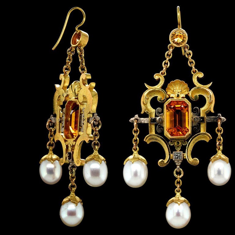 Women's Yellow Sapphire, Diamond, Pearl, 18k Gold Antique Style Chandelier Earrings For Sale