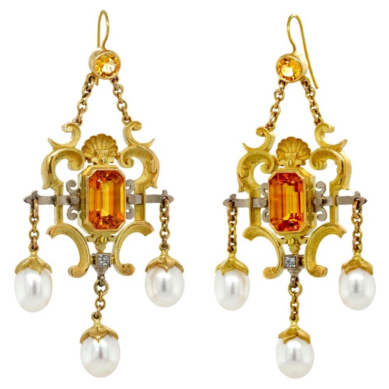 Yellow Sapphire, Diamond, Pearl, 18k Gold Antique Style Chandelier Earrings For Sale
