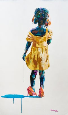 "Kidi", little girl in heels and a yellow dress, listening to music, girlhood