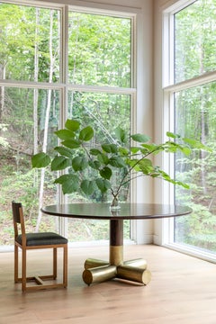 Teche Round Pedestal Dining Table  Unlacquered Brass with Dark Walnut