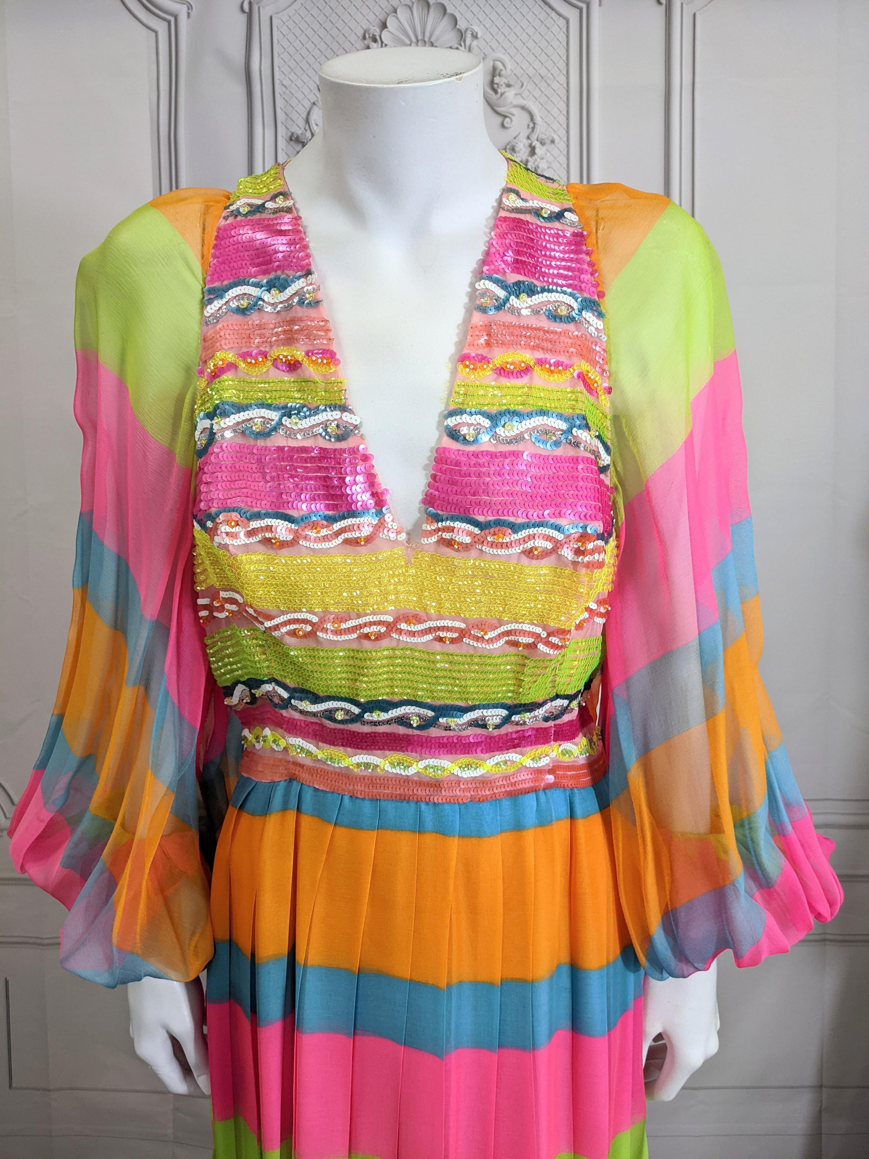 Technicolor Silk Chiffon and Sequined Gown In Good Condition For Sale In New York, NY