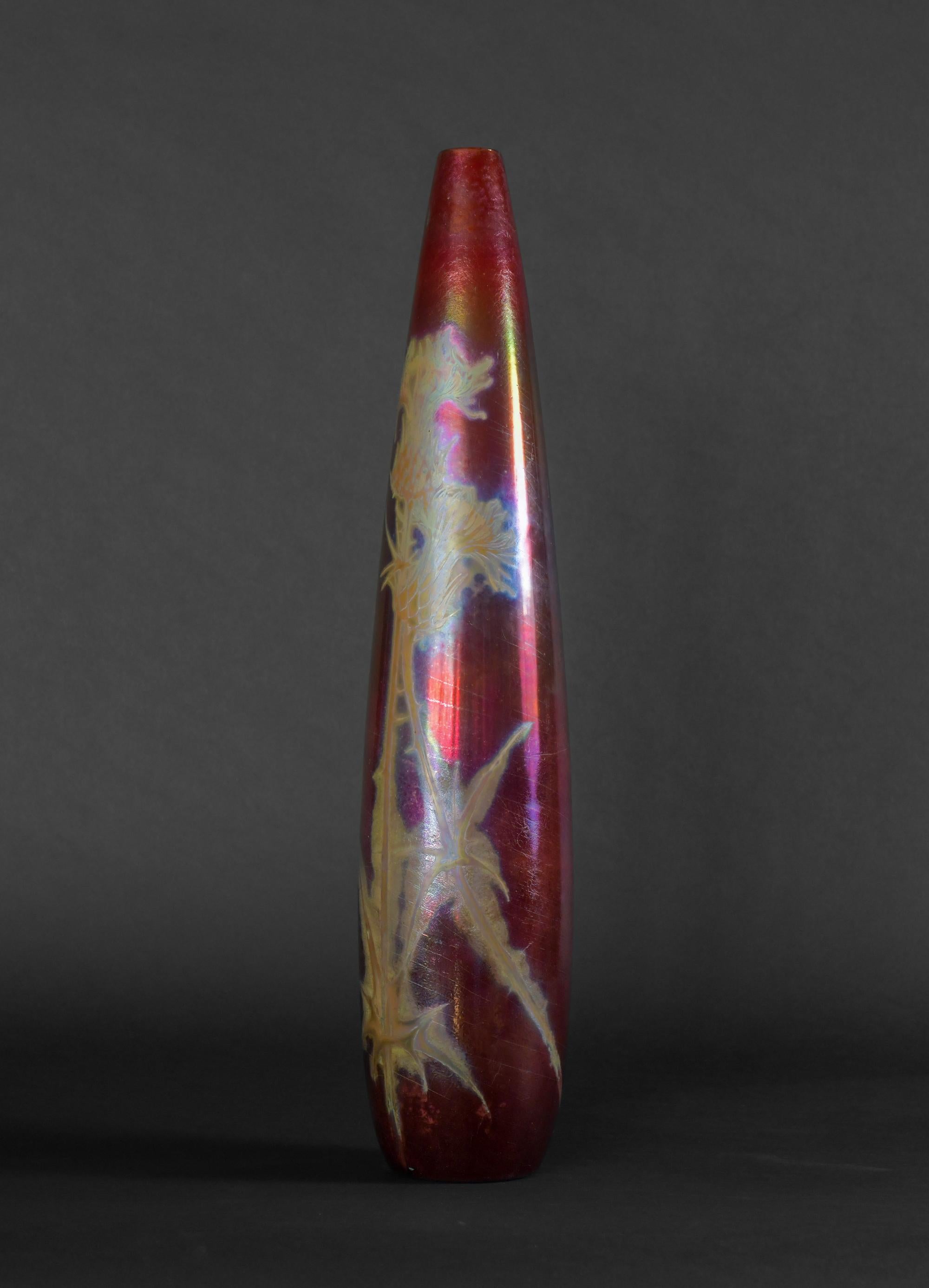 French Technicolor Thistle Art Nouveau Vase by Clement Massier For Sale