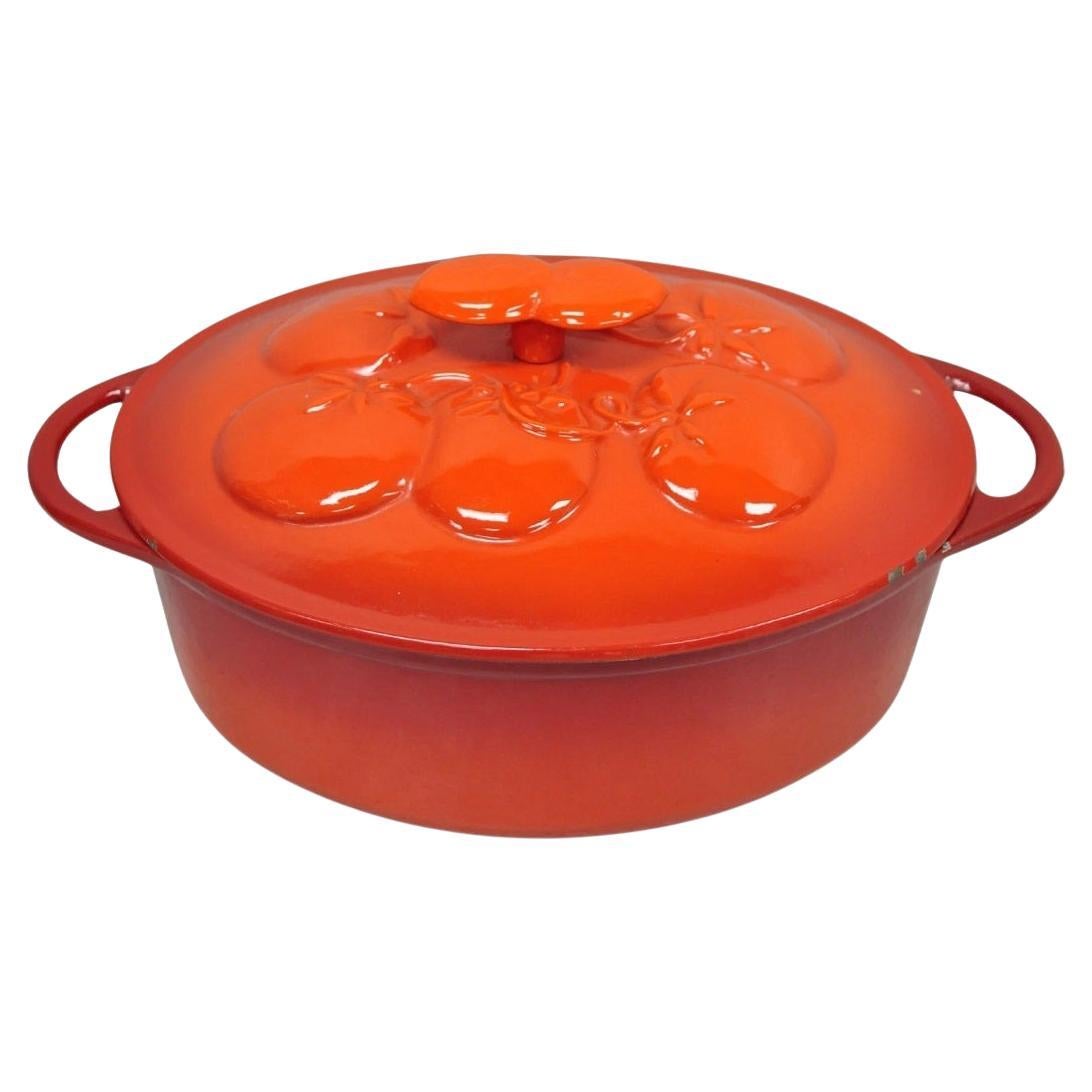 Technique 4 Quart Red Cast Iron Dutch Oven Covered Pot with Tomato Design on Lid For Sale