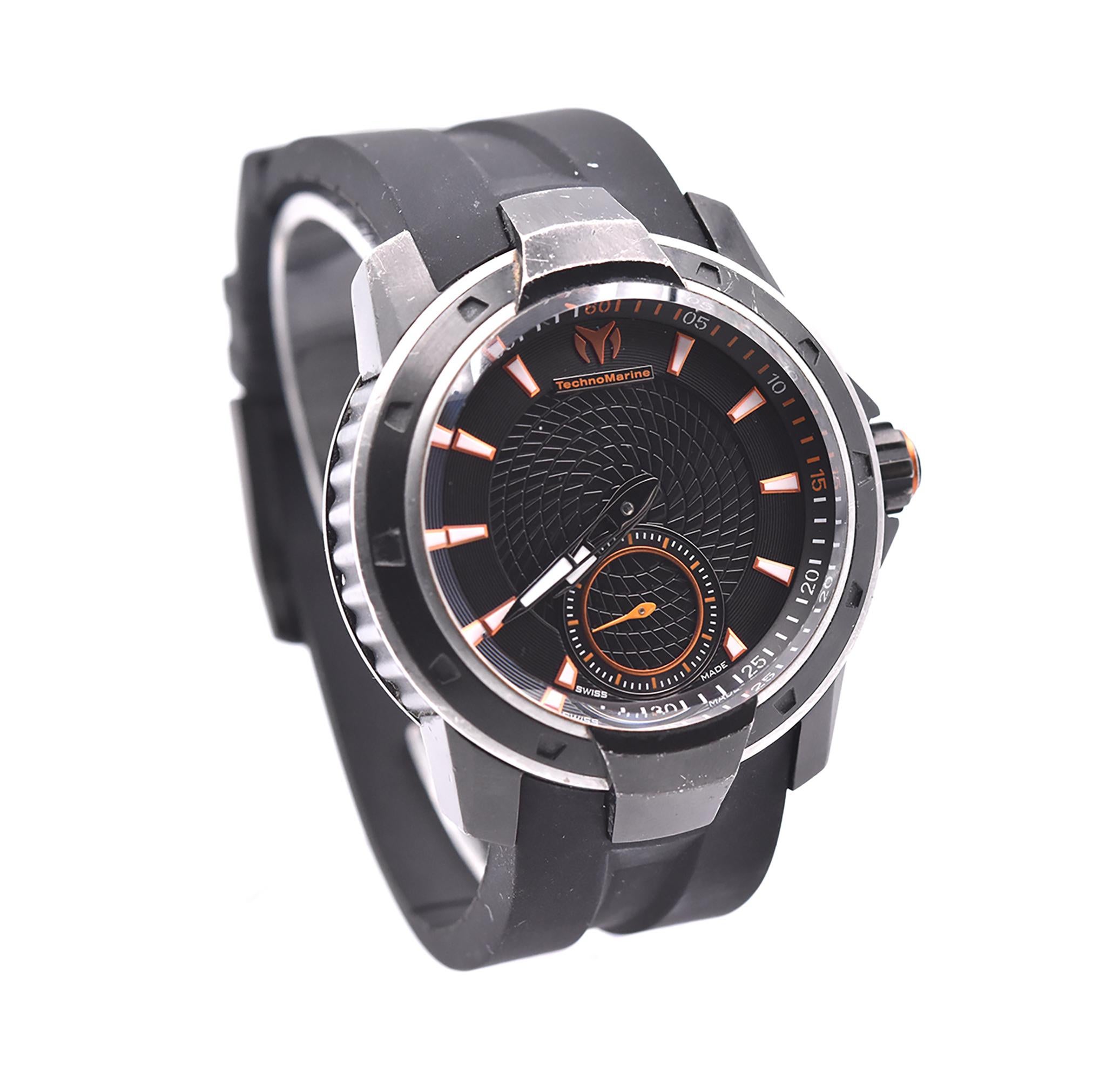 Movement: quartz
Function: hours, minutes, seconds
Case: 45mm black pvd stainless steel round case, black rubber strap
Dial: black analog dial, orange luminescence sticks
Reference # 610006
Serial # 10060XXX

No Box or papers
Guaranteed to be