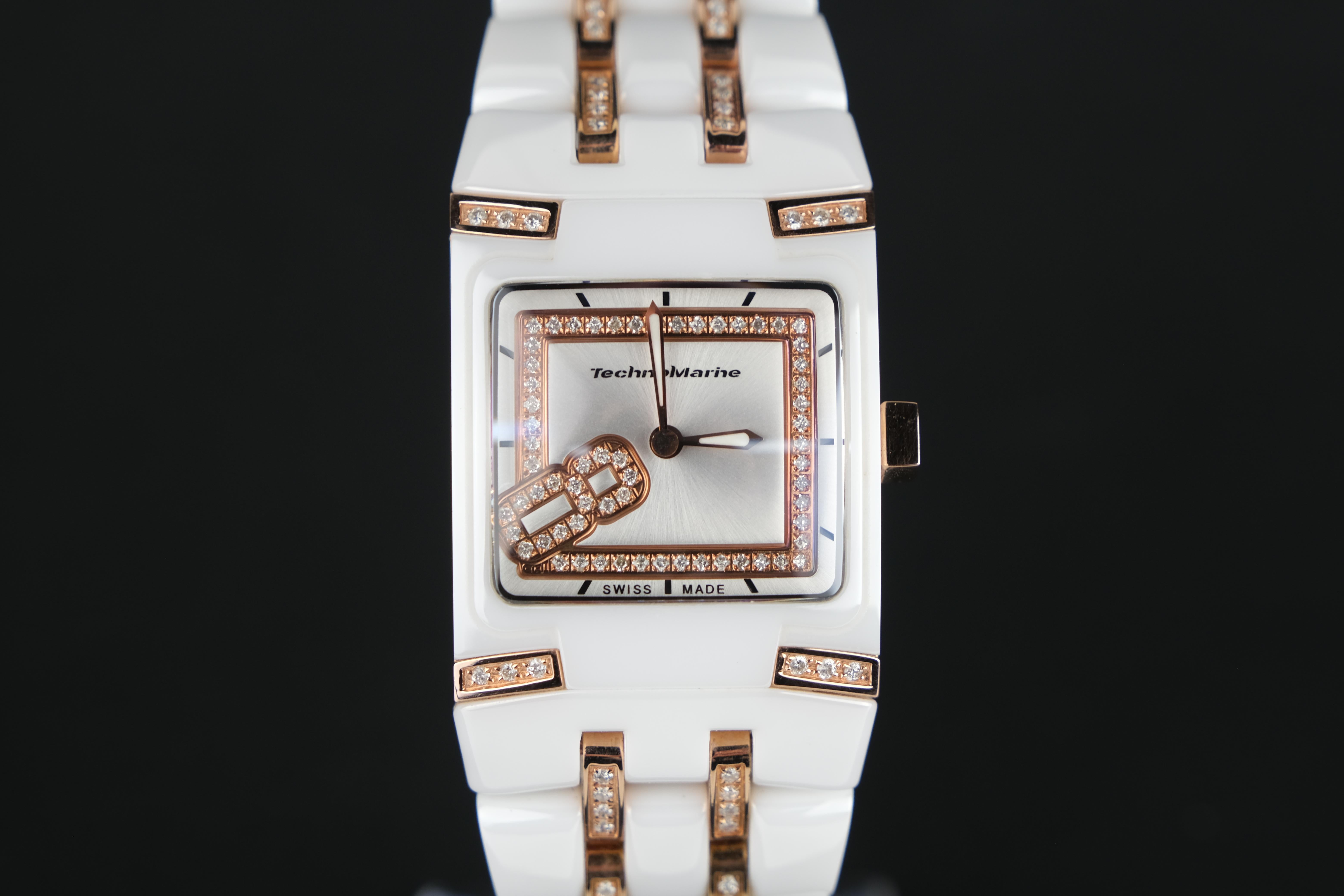 The watch is presented in a polished white ceramic with a stainless steel back and rose tone accents. This rare version holds 102 round brilliant cut diamonds ranging in colour from H to I. A great rectangular design. This is a perfect Technomarine