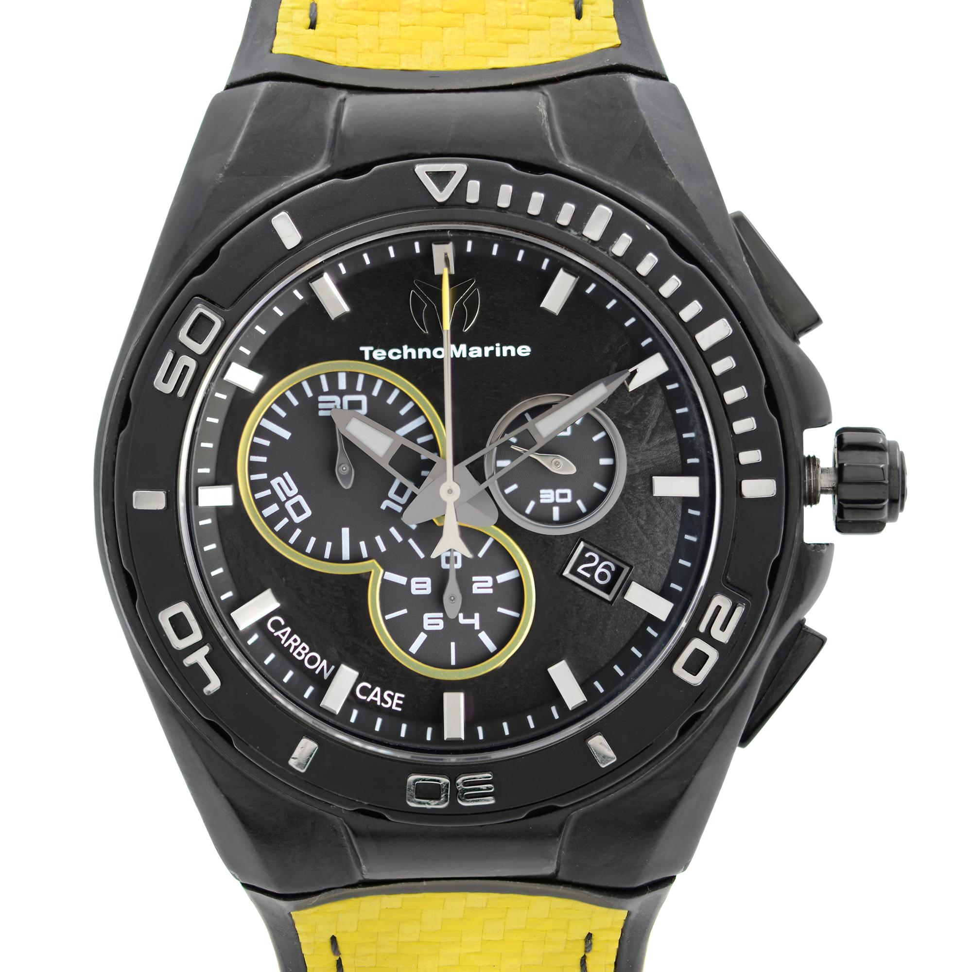 Pre-Owned Condition. Has Minor Dents on the Case and Signs of Wear on Yellow Parts of the Rubber Band. This Timepiece is powered by a Quartz Movement and Features: Carbon Fiber Case and Two-Piece Silicone Strap. Uni-directional Rotating Bezel. Black