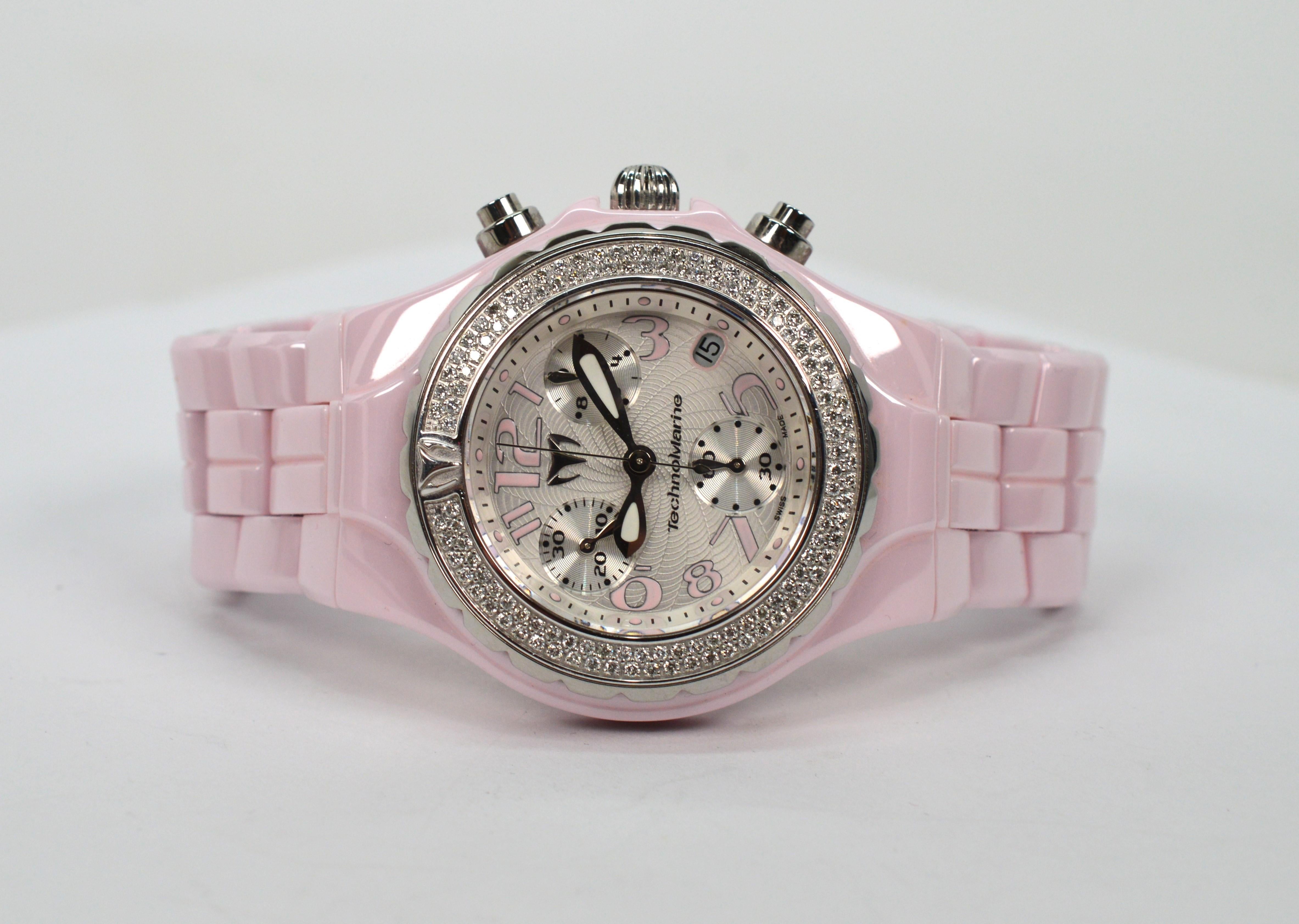 TechnoMarine Pink Ceramic Steel Quartz Wrist Watch w Diamond Bezel For Sale 1