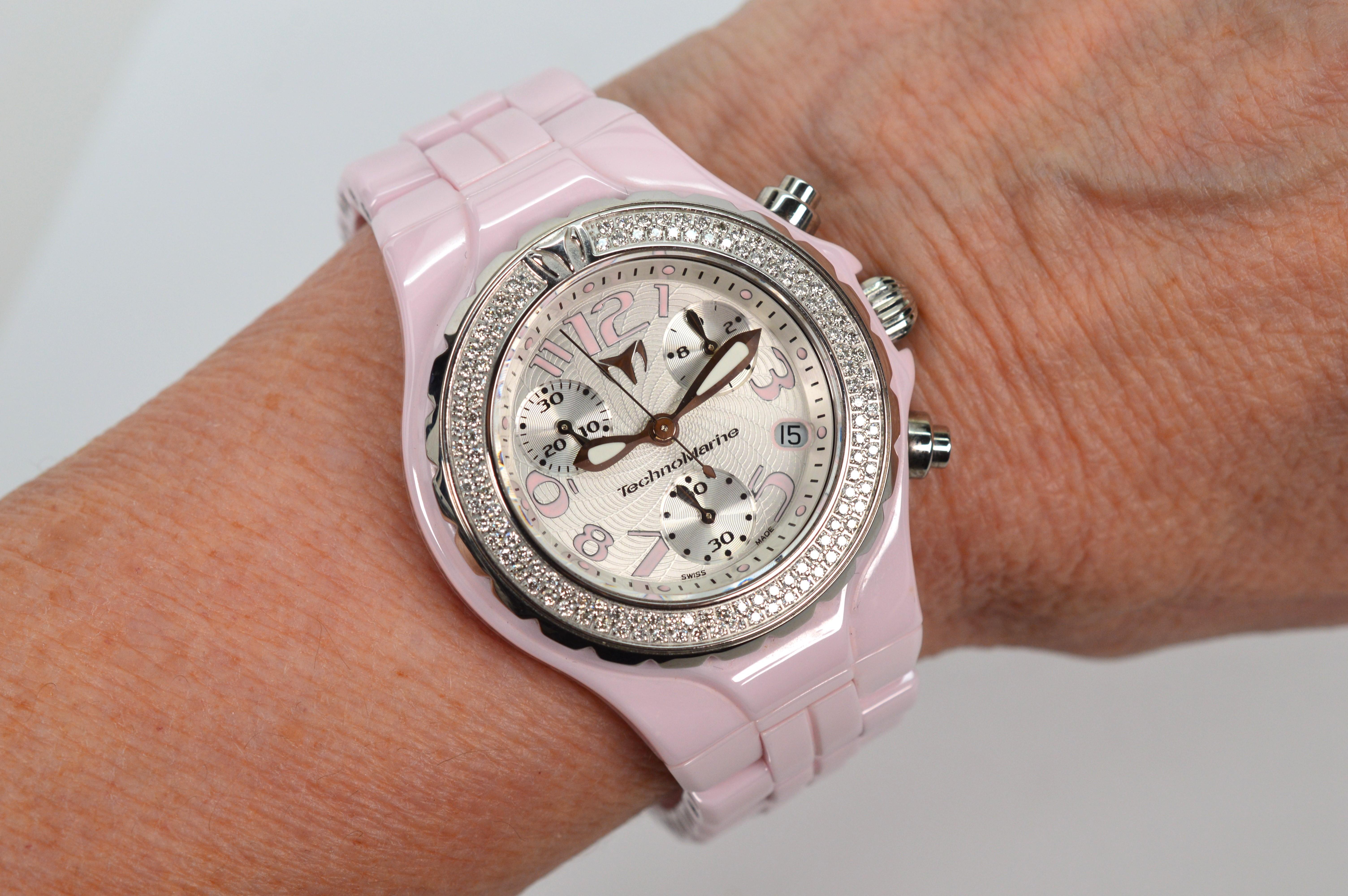TechnoMarine Pink Ceramic Steel Quartz Wrist Watch w Diamond Bezel For Sale 2