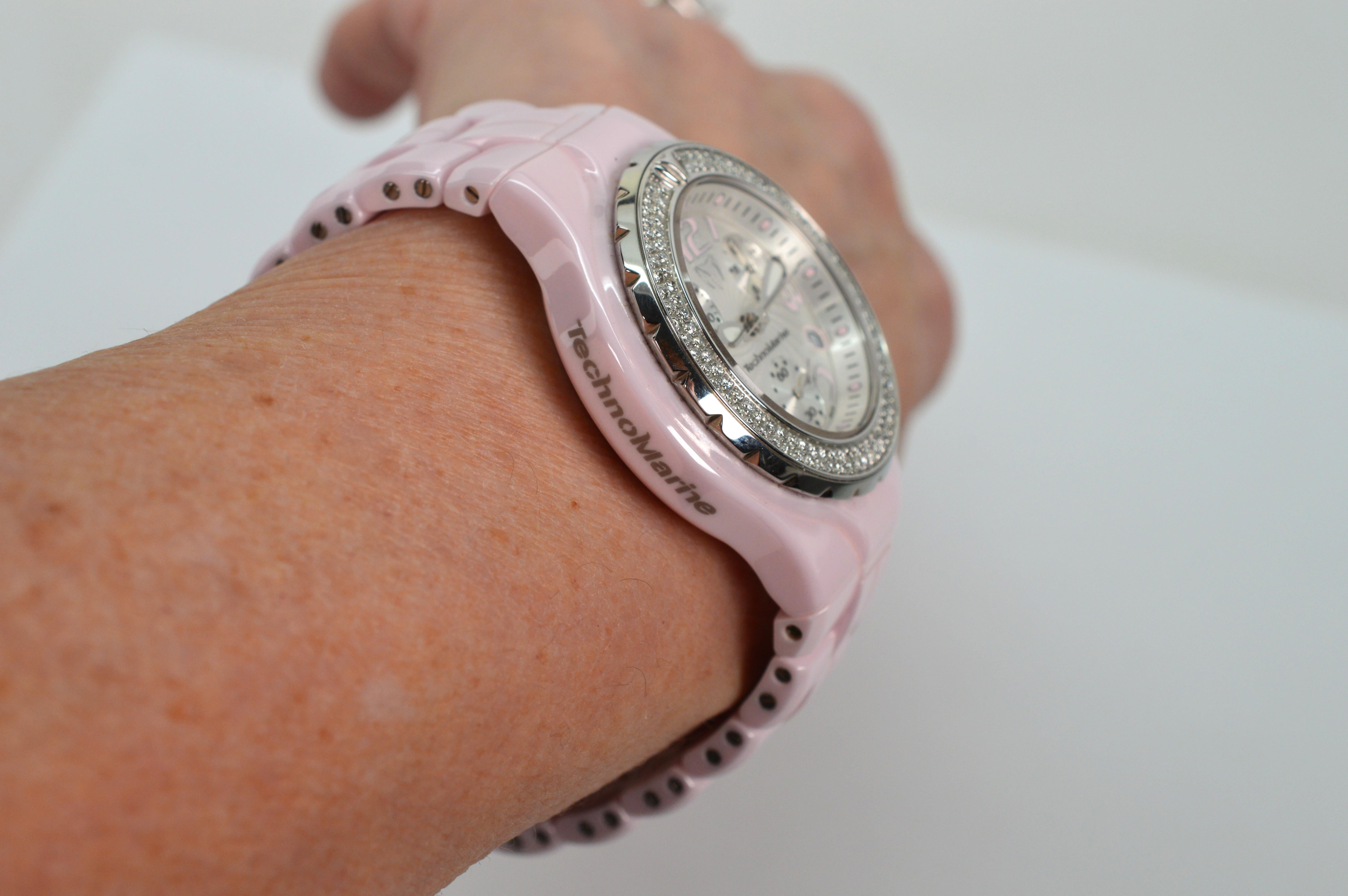 TechnoMarine Pink Ceramic Steel Quartz Wrist Watch w Diamond Bezel For Sale 5