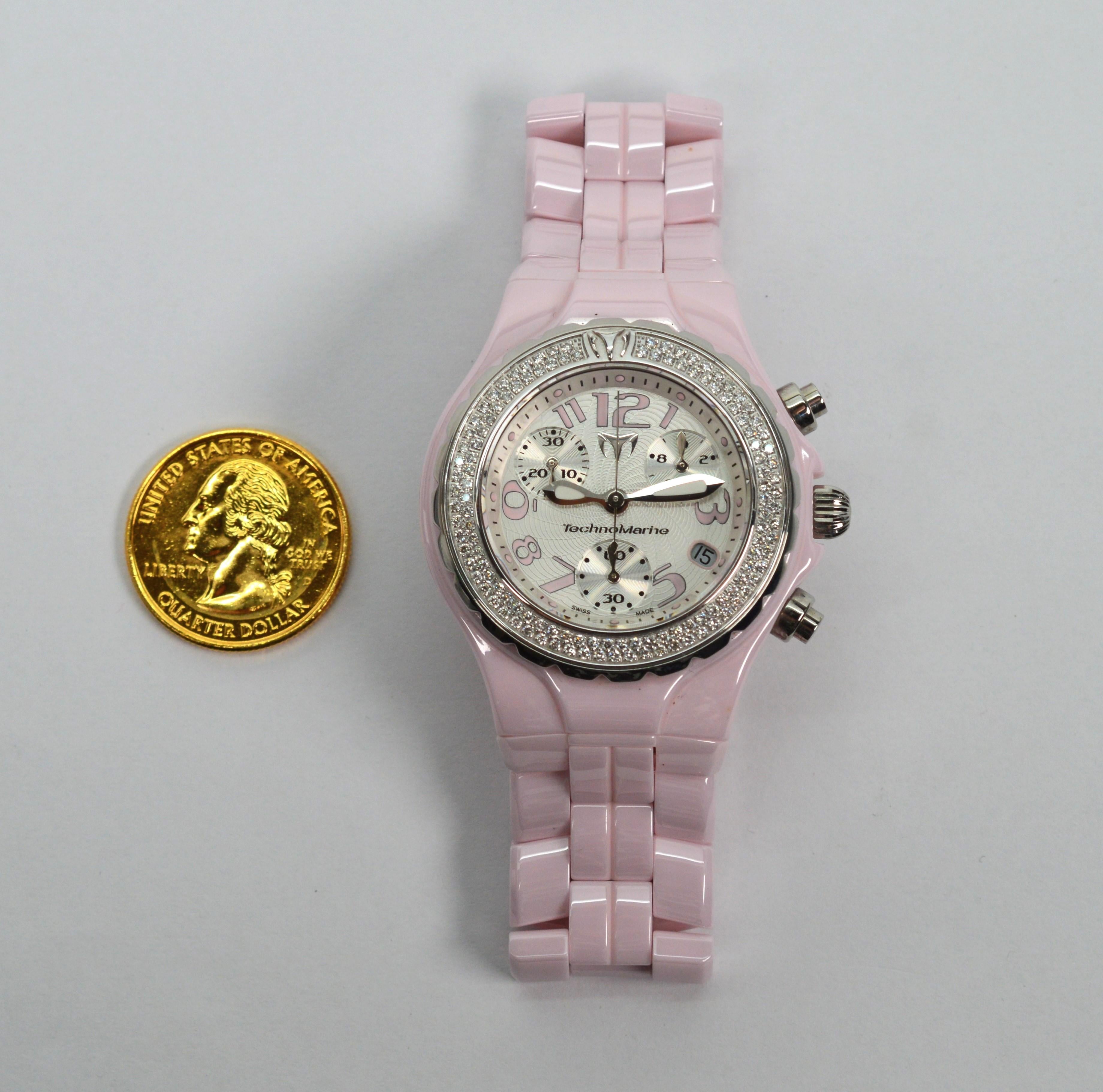TechnoMarine Pink Ceramic Steel Quartz Wrist Watch w Diamond Bezel For Sale 6