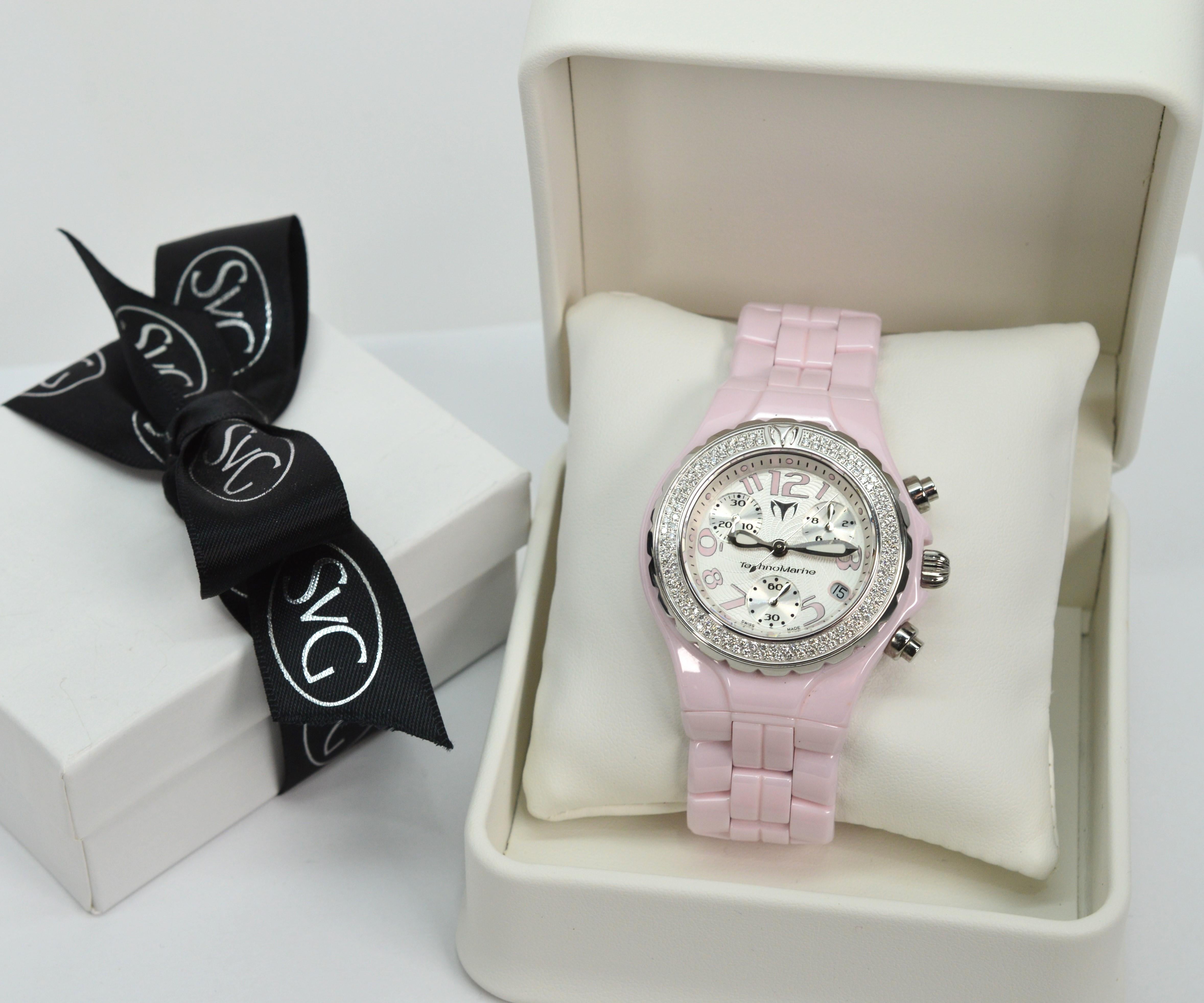 TechnoMarine Pink Ceramic Steel Quartz Wrist Watch w Diamond Bezel For Sale 8