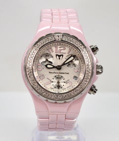 TechnoMarine Pink Ceramic Steel Quartz Wrist Watch w Diamond Bezel