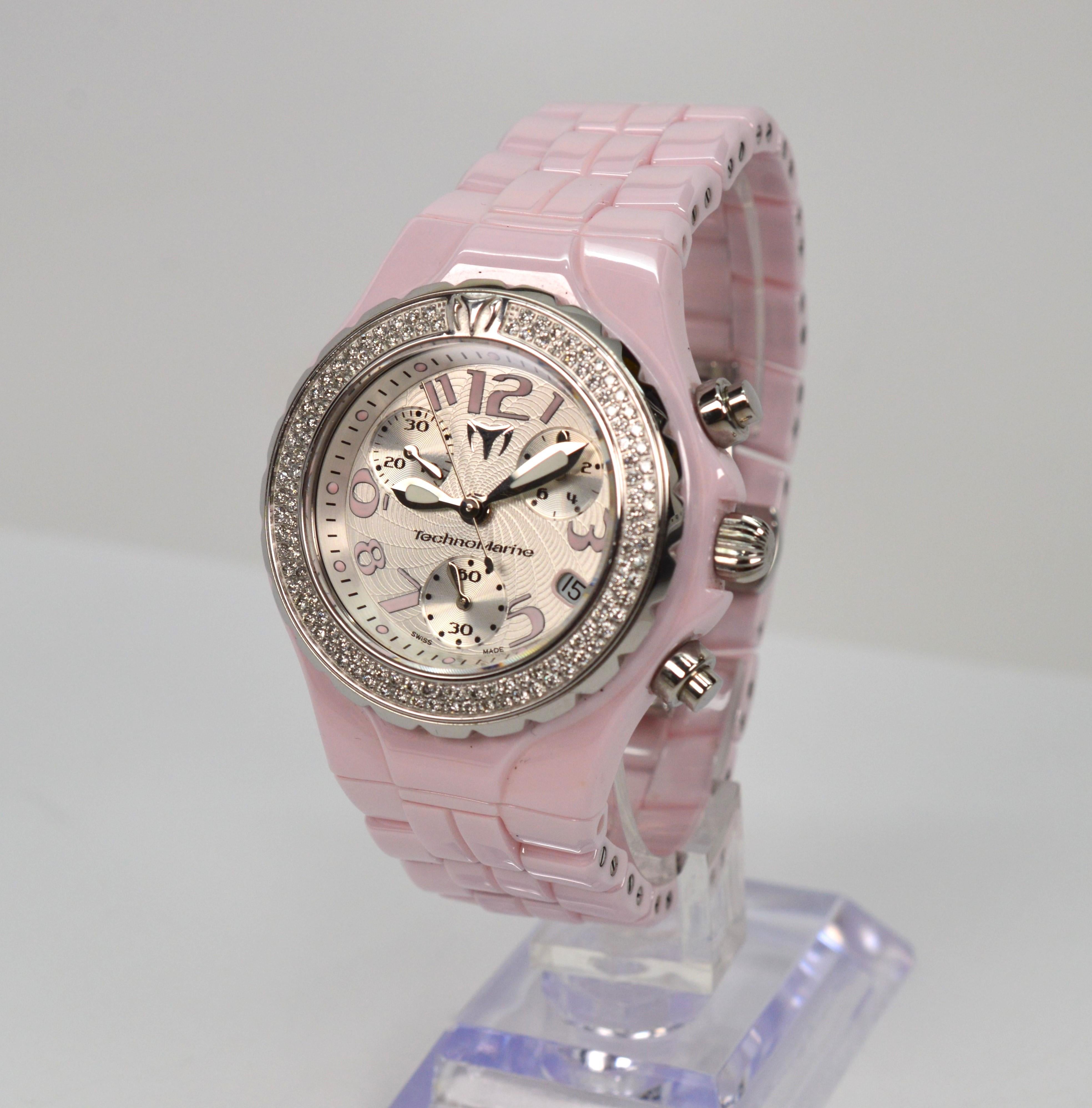 Modern TechnoMarine Pink Ceramic Steel Quartz Wrist Watch w Diamond Bezel For Sale