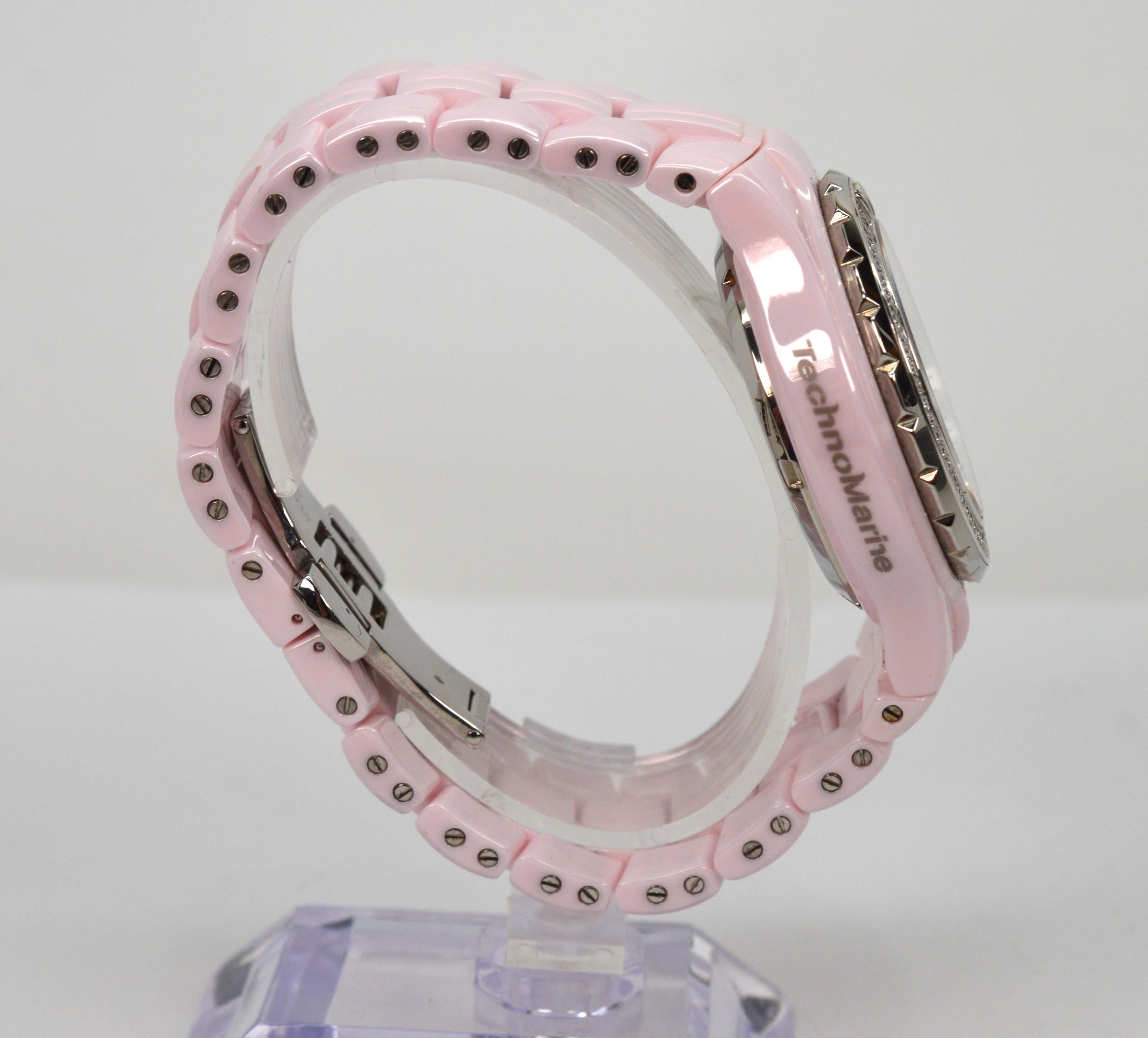 Round Cut TechnoMarine Pink Ceramic Steel Quartz Wrist Watch w Diamond Bezel For Sale
