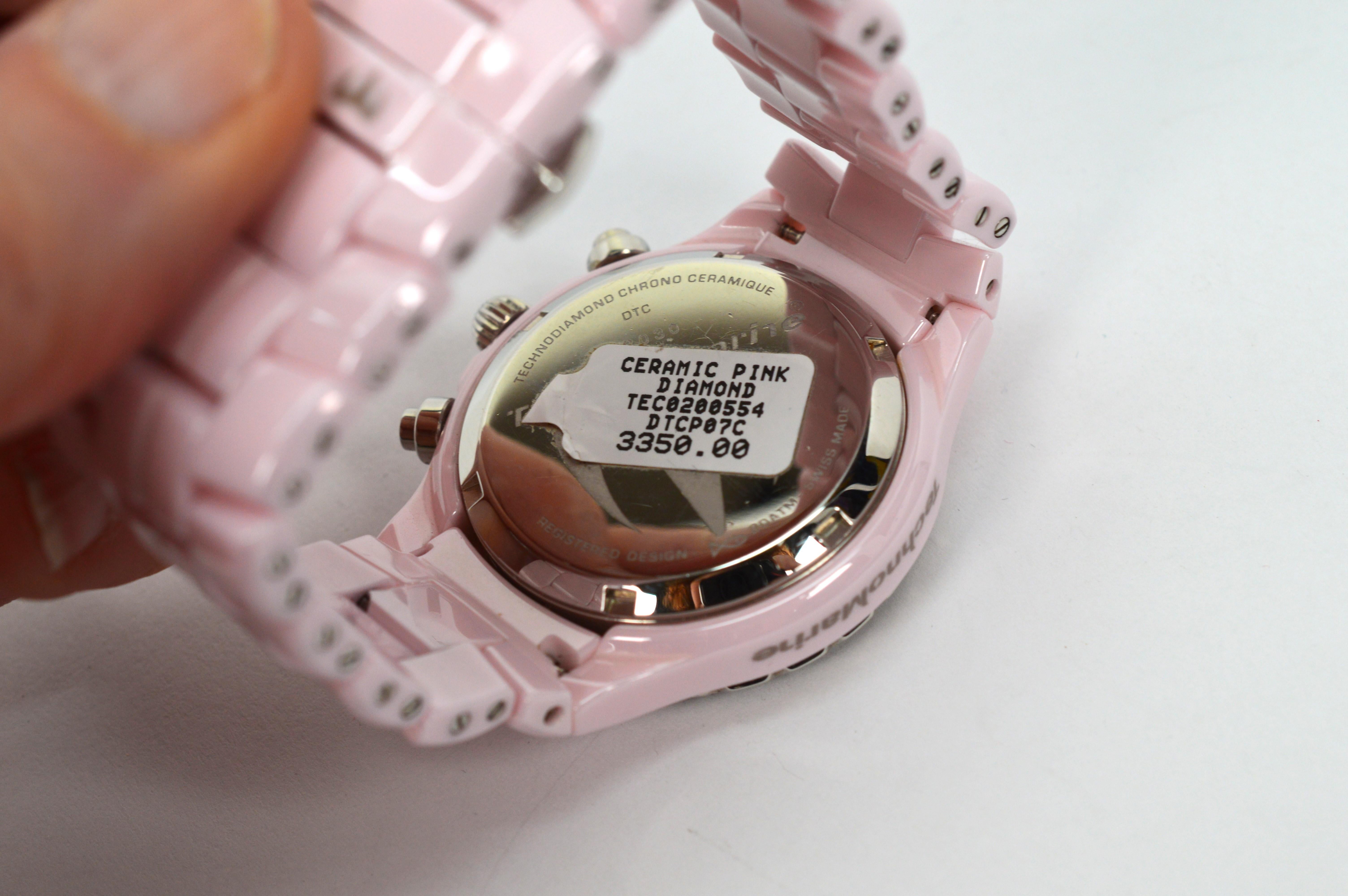 TechnoMarine Pink Ceramic Steel Quartz Wrist Watch w Diamond Bezel In New Condition For Sale In Mount Kisco, NY