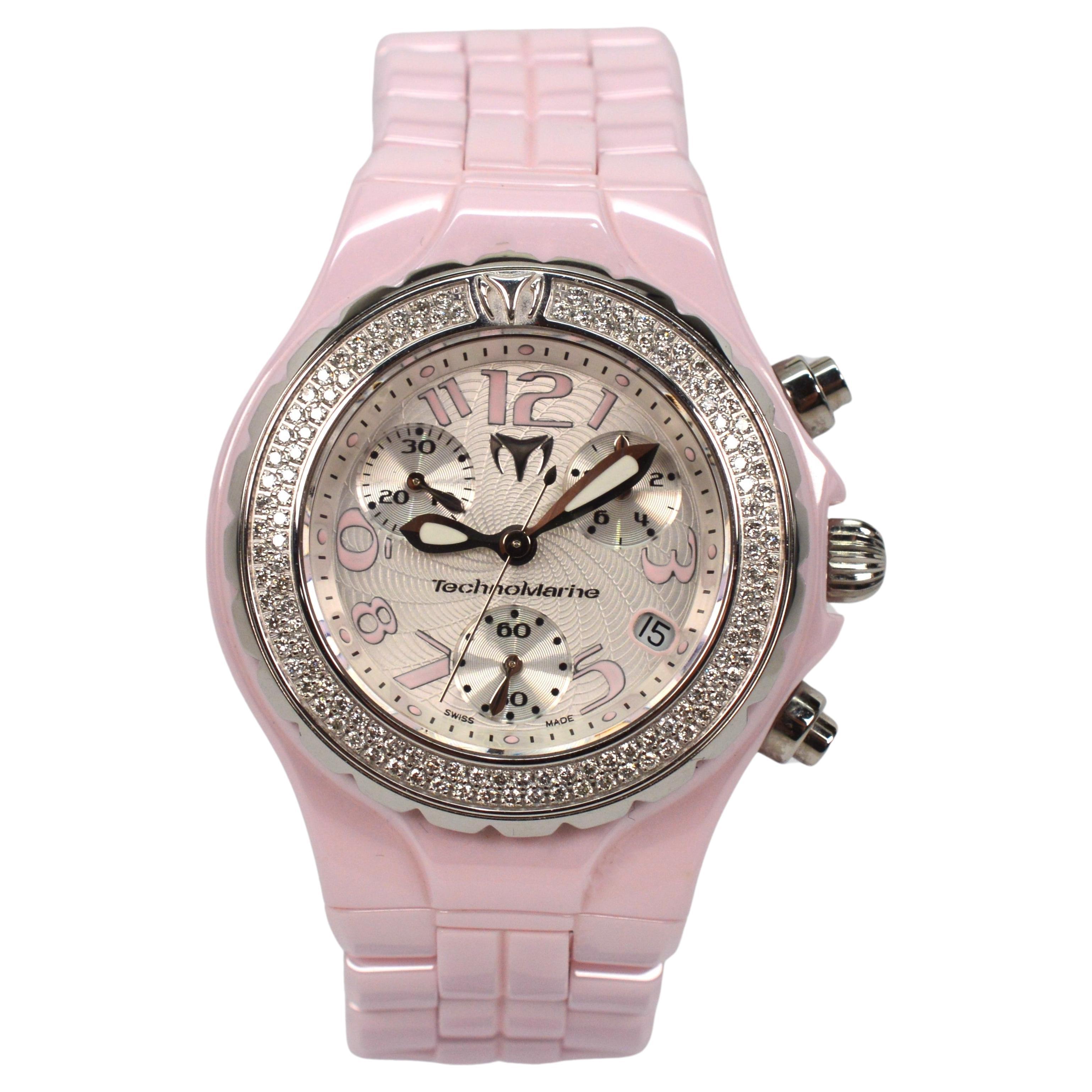 TechnoMarine Pink Ceramic Steel Quartz Wrist Watch w Diamond Bezel For Sale