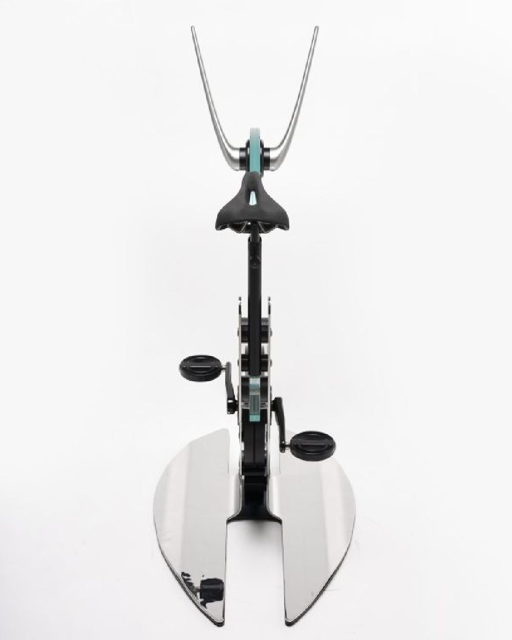 Ciclotte exercise bike designed by Luca Schieppati and Gianfranco Barban for Teckell is a part of the fitness collection. The bike is built with a crystal disk and either a chrome or black carbon frame. Through extensive research the ergonomics of