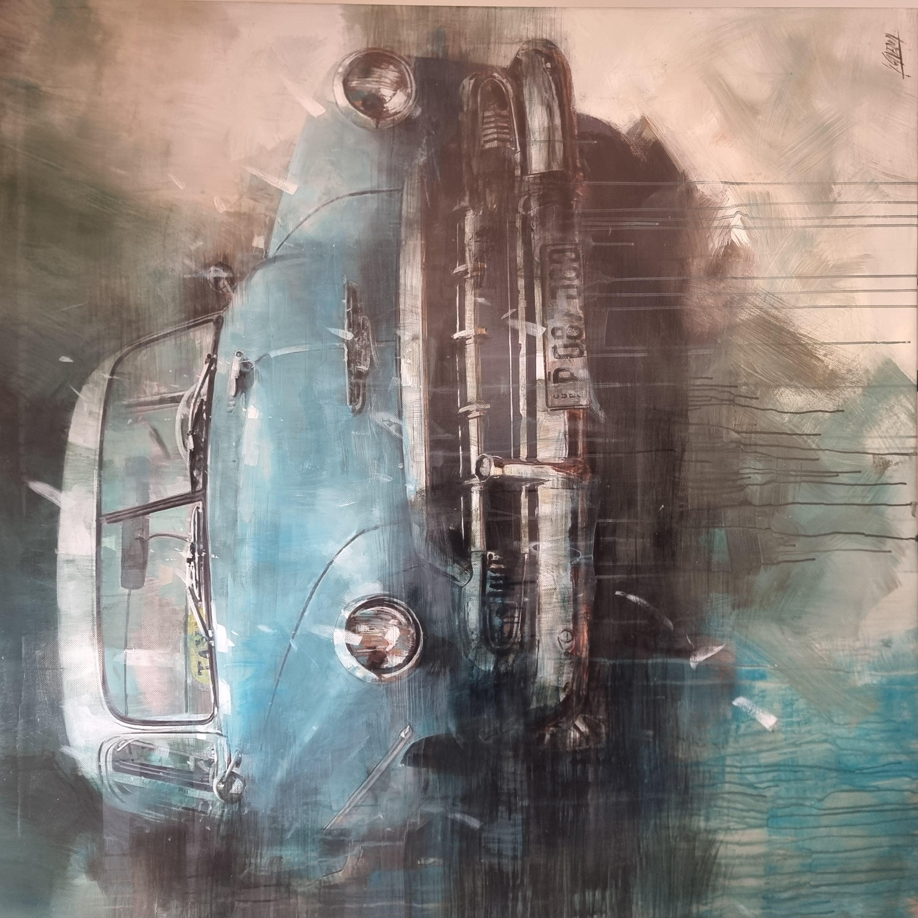 Italian Tecnica Mista su Tela con Auto d’Epoca Americana arte moderna in vendita