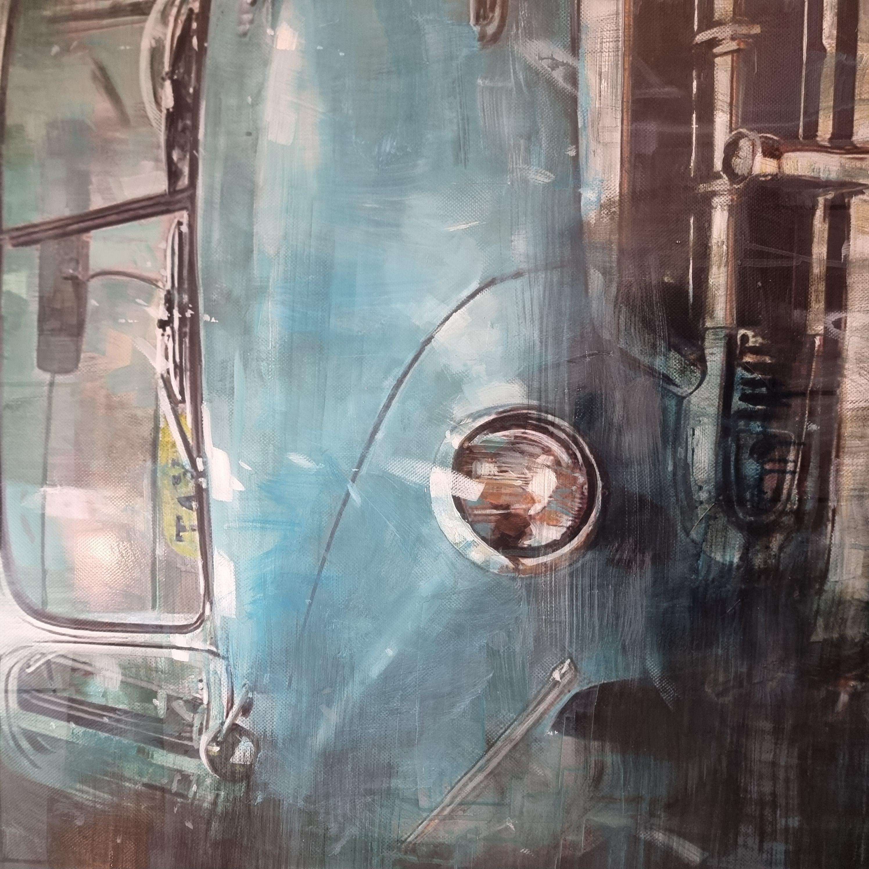 Periodo contemporaneo Tecnica Mista su Tela con Auto d’Epoca Americana arte moderna in vendita