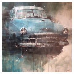 Mixed Technique on Canvas with American Vintage Cars Modern Art