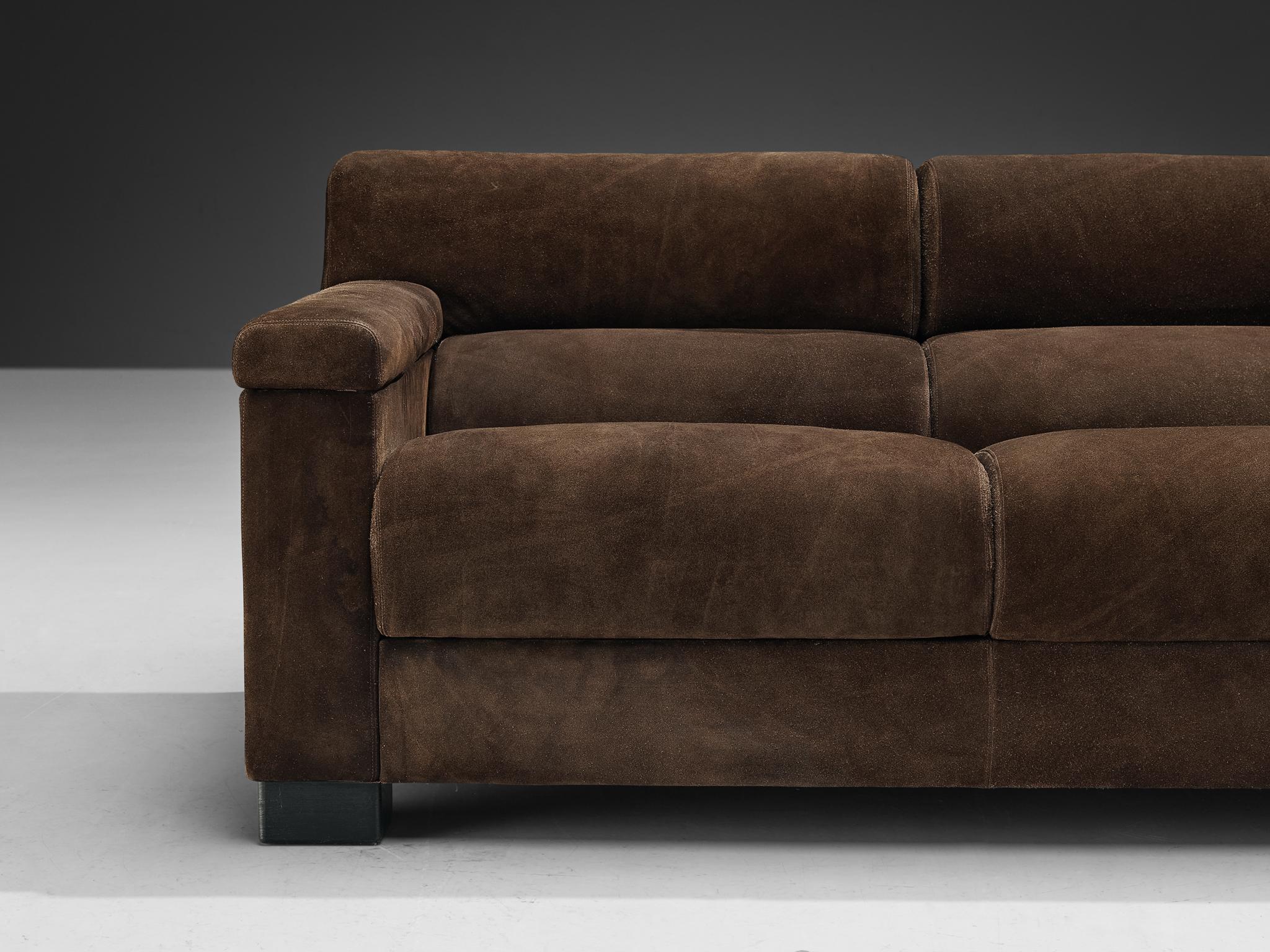 Mid-Century Modern Tecno Italian Bulky Sofa in Dark Brown Suede  For Sale