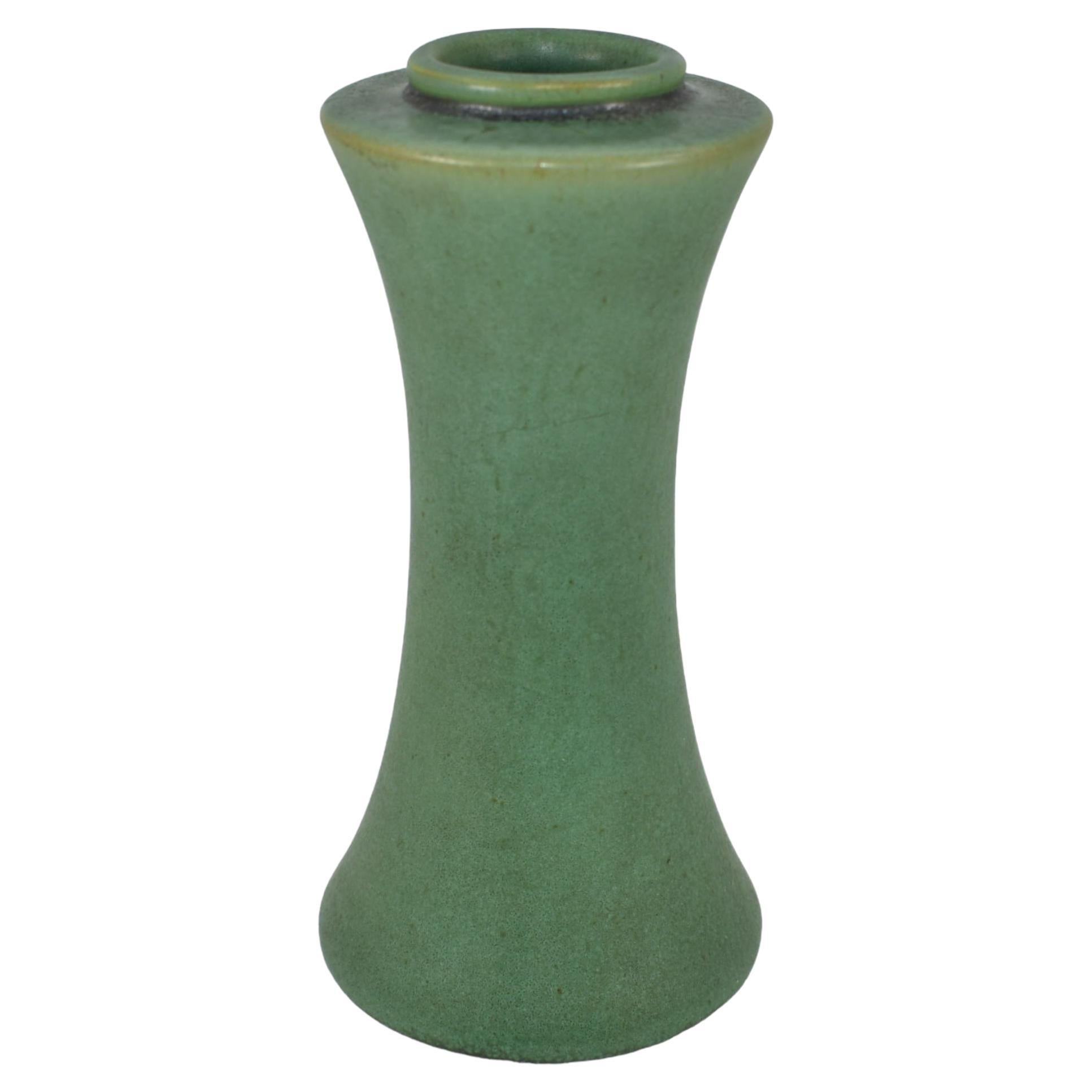 Awaji Pottery Architectural Buttress Handle Arts and Crafts Green Monochrome Vase For Sale at