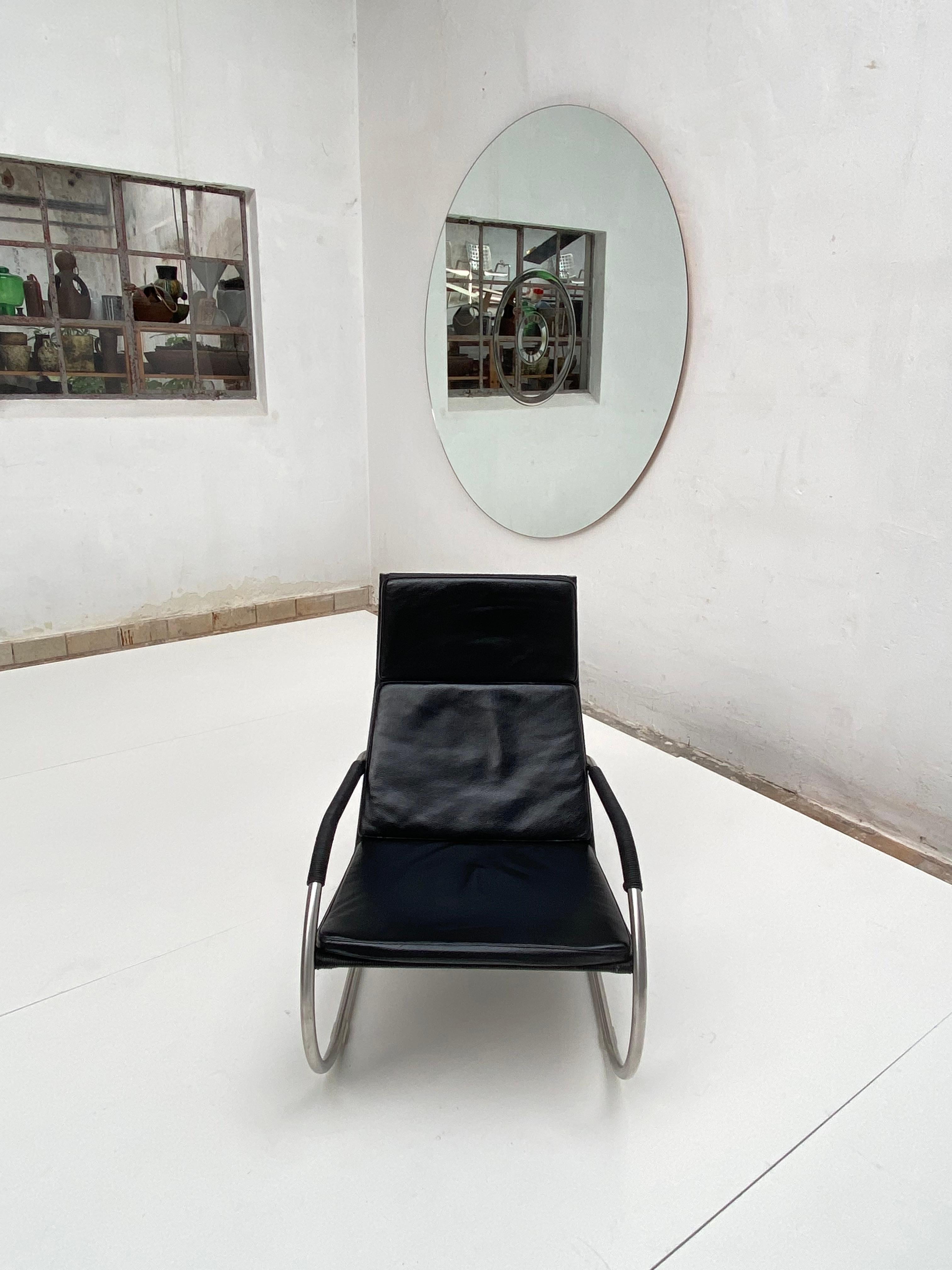 Stainless Steel Tecta D35 Lounge Chair in Black Leather & Woven Plastic Wicker For Sale