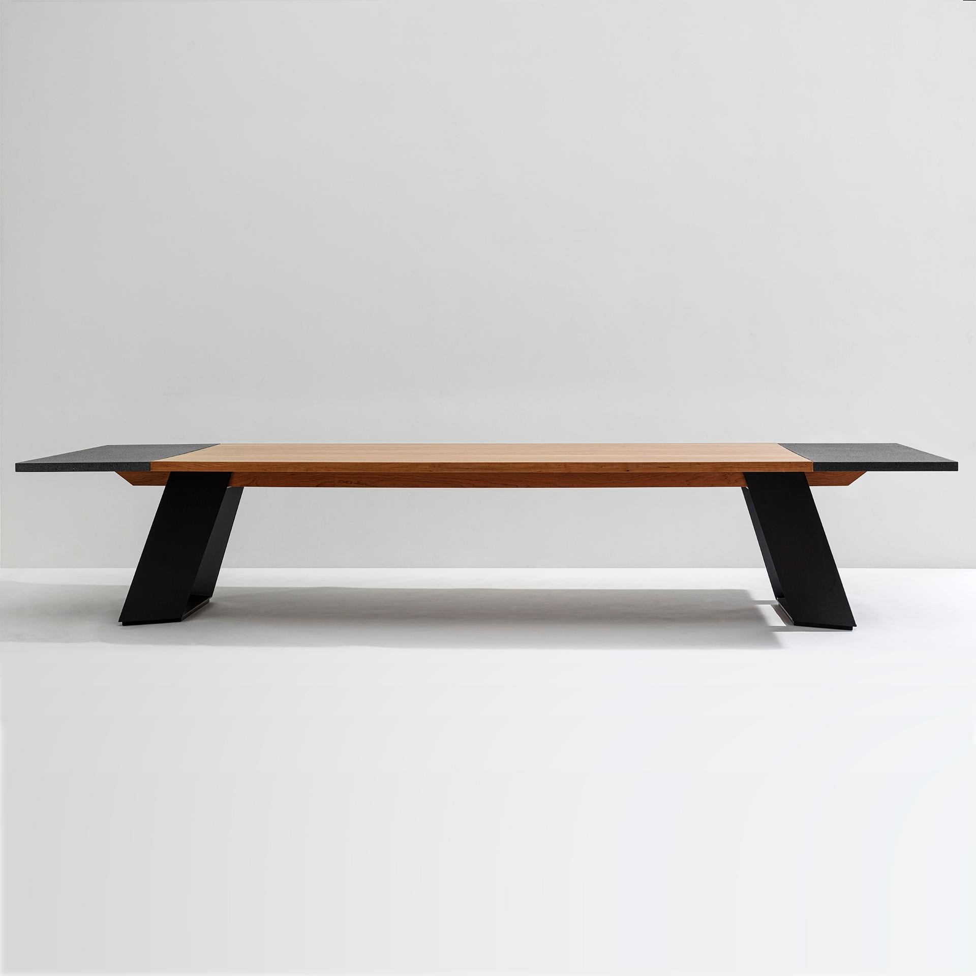 Mexican Tecta dining table made of lava stone, wood and steel by Ricardo Rodriguez Elias For Sale