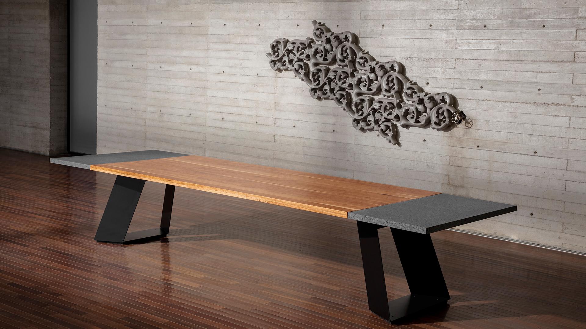 Oiled Tecta dining table made of lava stone, wood and steel by Ricardo Rodriguez Elias For Sale