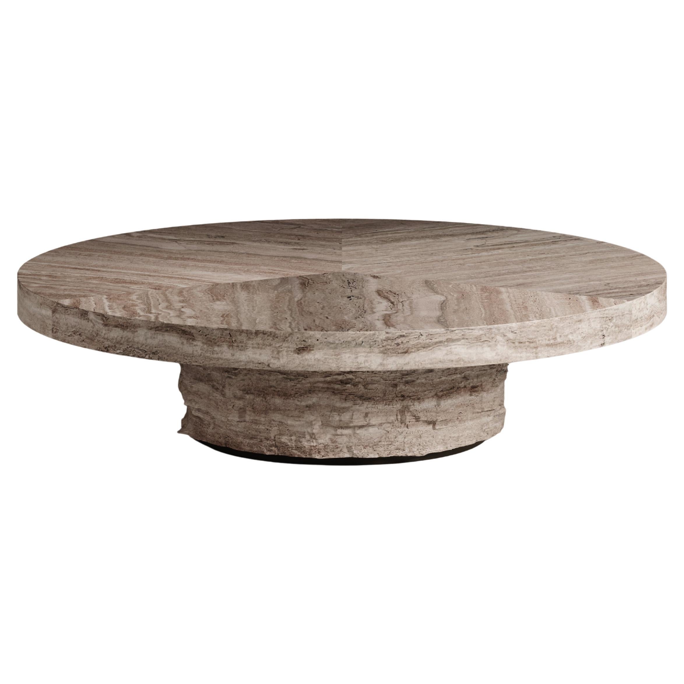 Tecton Round Coffee Table in Travertine by Félix Millory for Monitillo 1980